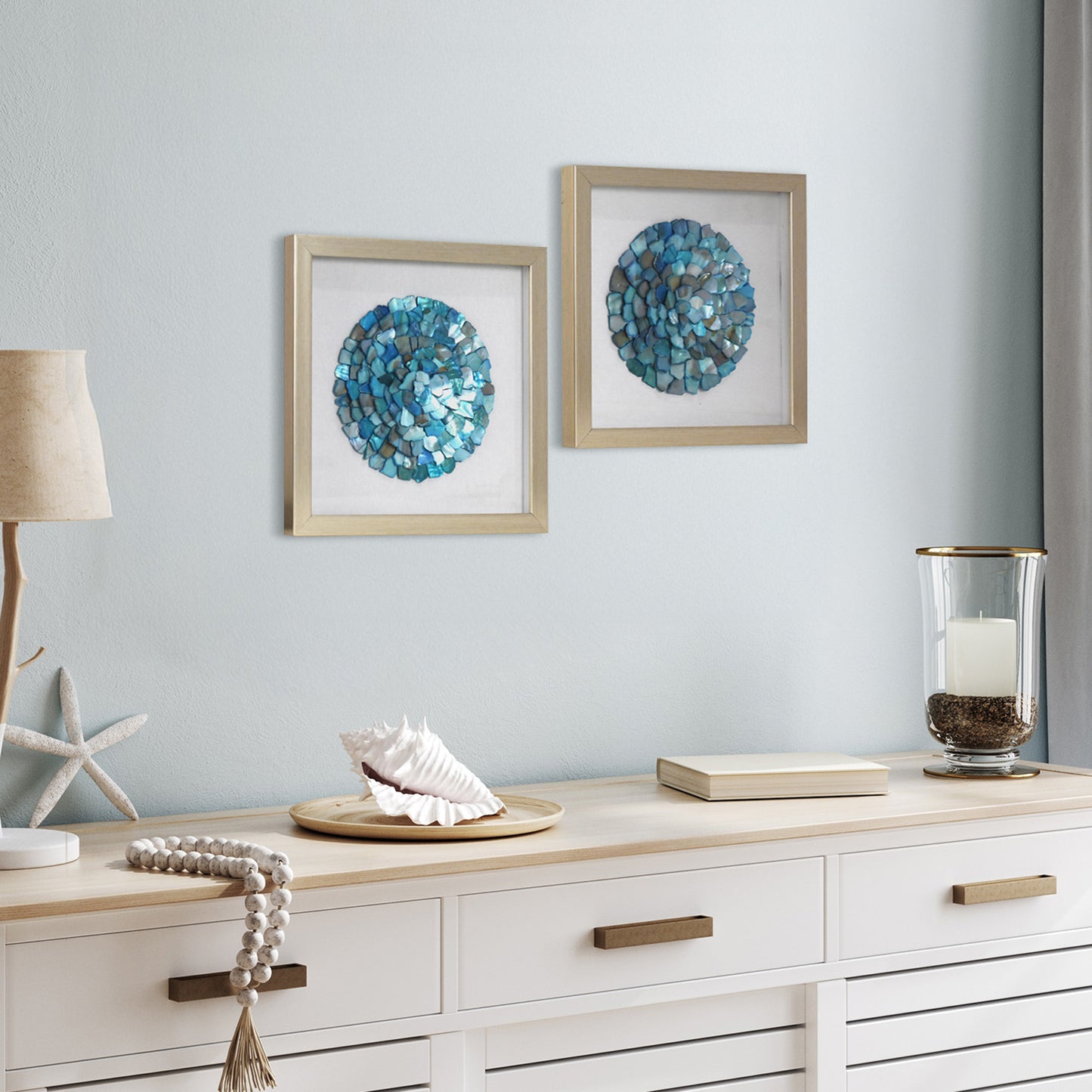 2-pc Sea Glass Shell Wall Art Set – Coastal Aqua & Teal Shadowbox Decor