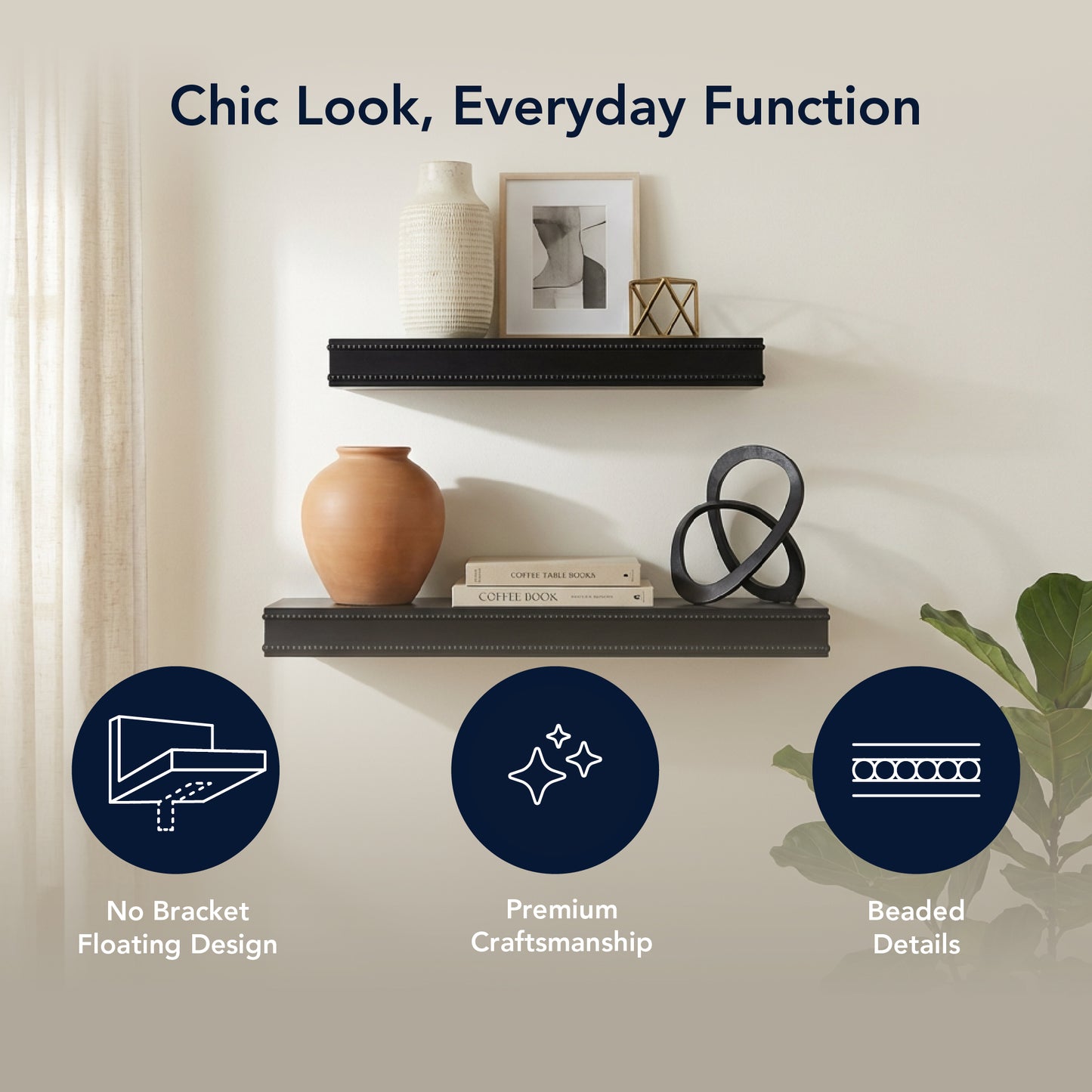 Beaded 2-Piece Floating Wall Shelf Set, Black Shabby Chic