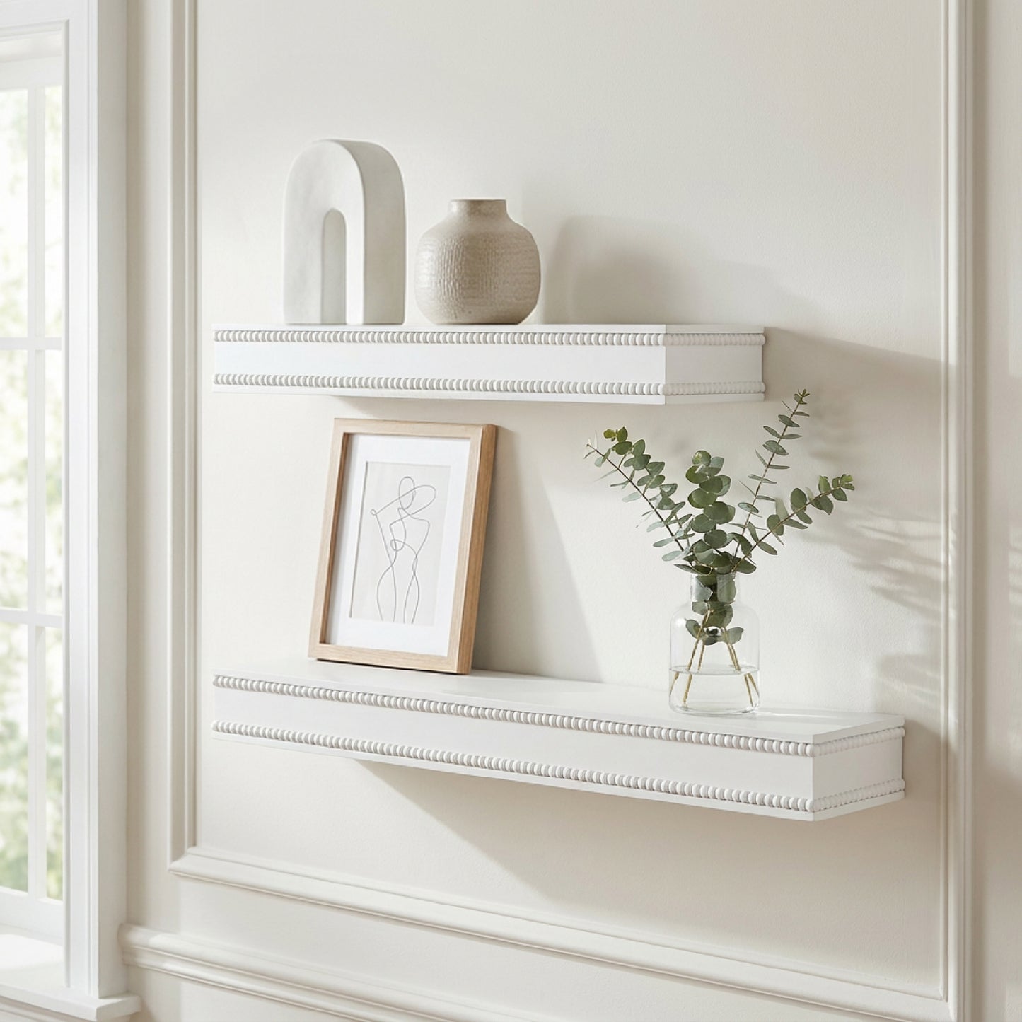 Beaded 2-Piece Floating Wall Shelf Set, White Shabby Chic