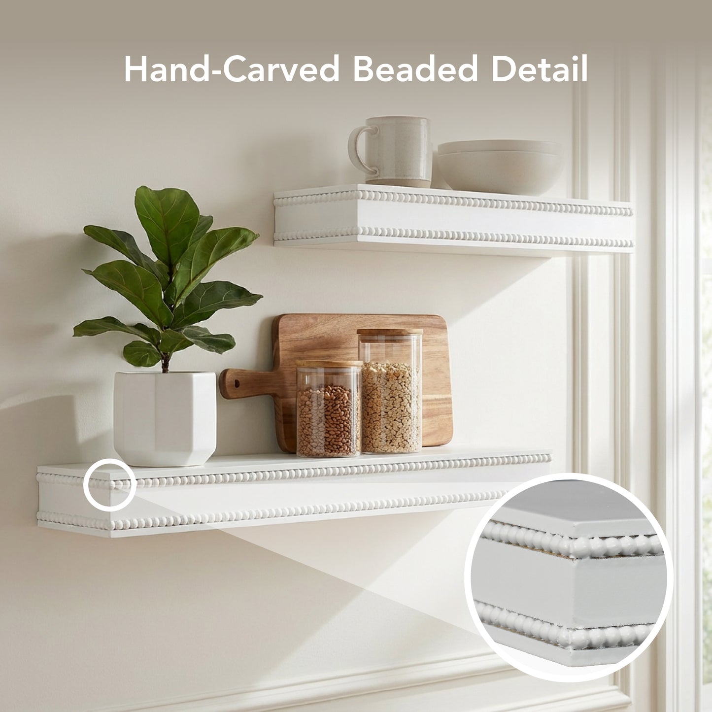 Beaded 2-Piece Floating Wall Shelf Set, White Shabby Chic