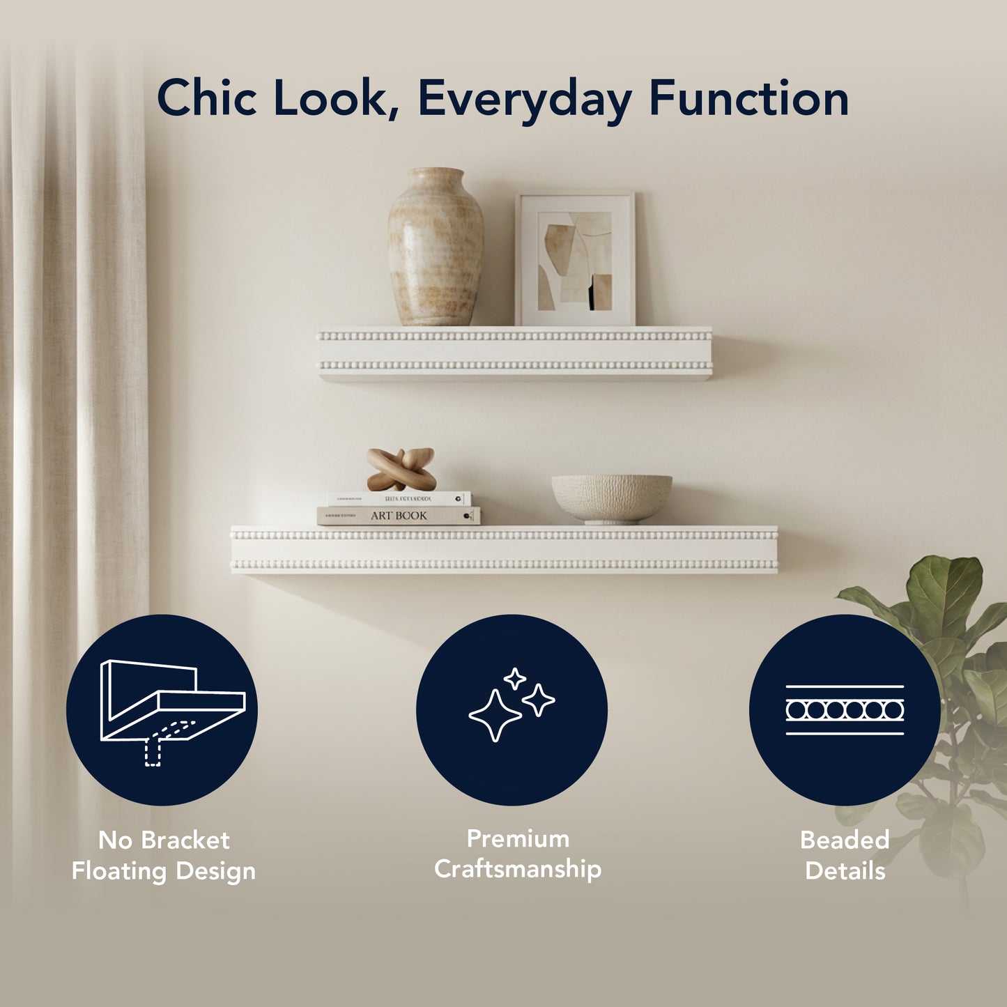 Beaded 2-Piece Floating Wall Shelf Set, White Shabby Chic