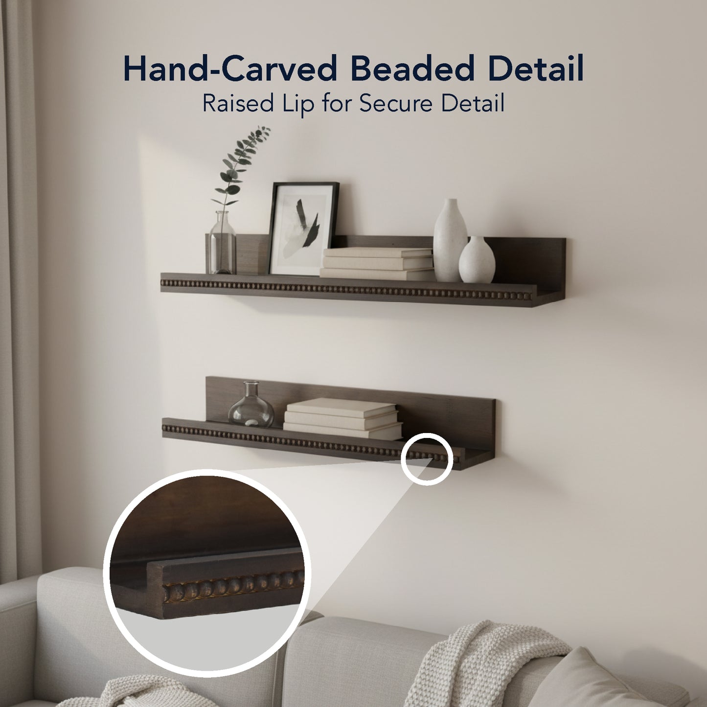 Beaded Ledge 2-Piece Floating Wall Shelf Set, Kona Dark Brown Shabby Chic