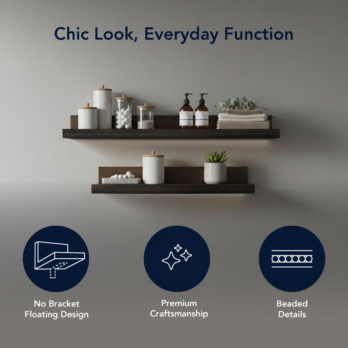 Beaded Ledge 2-Piece Floating Wall Shelf Set, Kona Dark Brown Shabby Chic