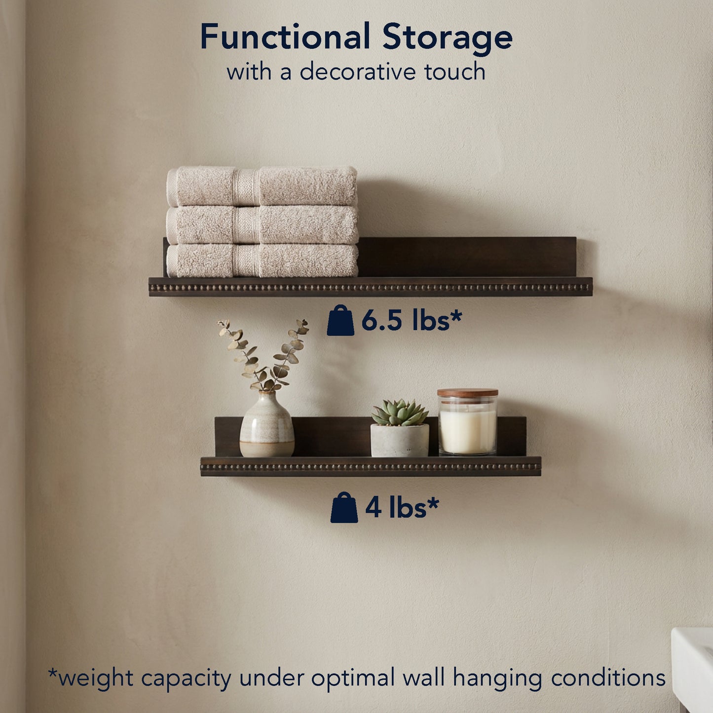 Beaded Ledge 2-Piece Floating Wall Shelf Set, Kona Dark Brown Shabby Chic