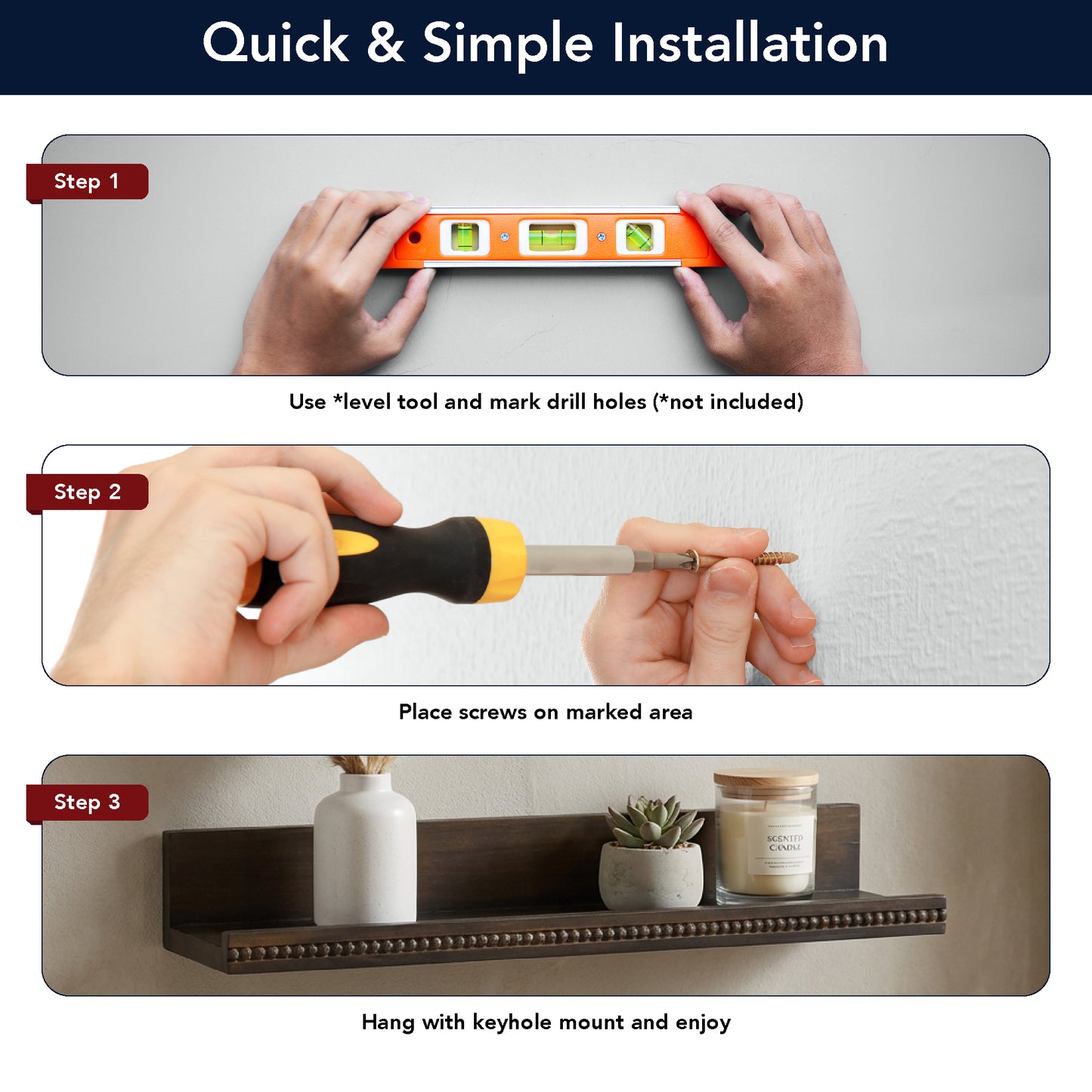 Beaded Ledge 2-Piece Floating Wall Shelf Set, Kona Dark Brown Shabby Chic