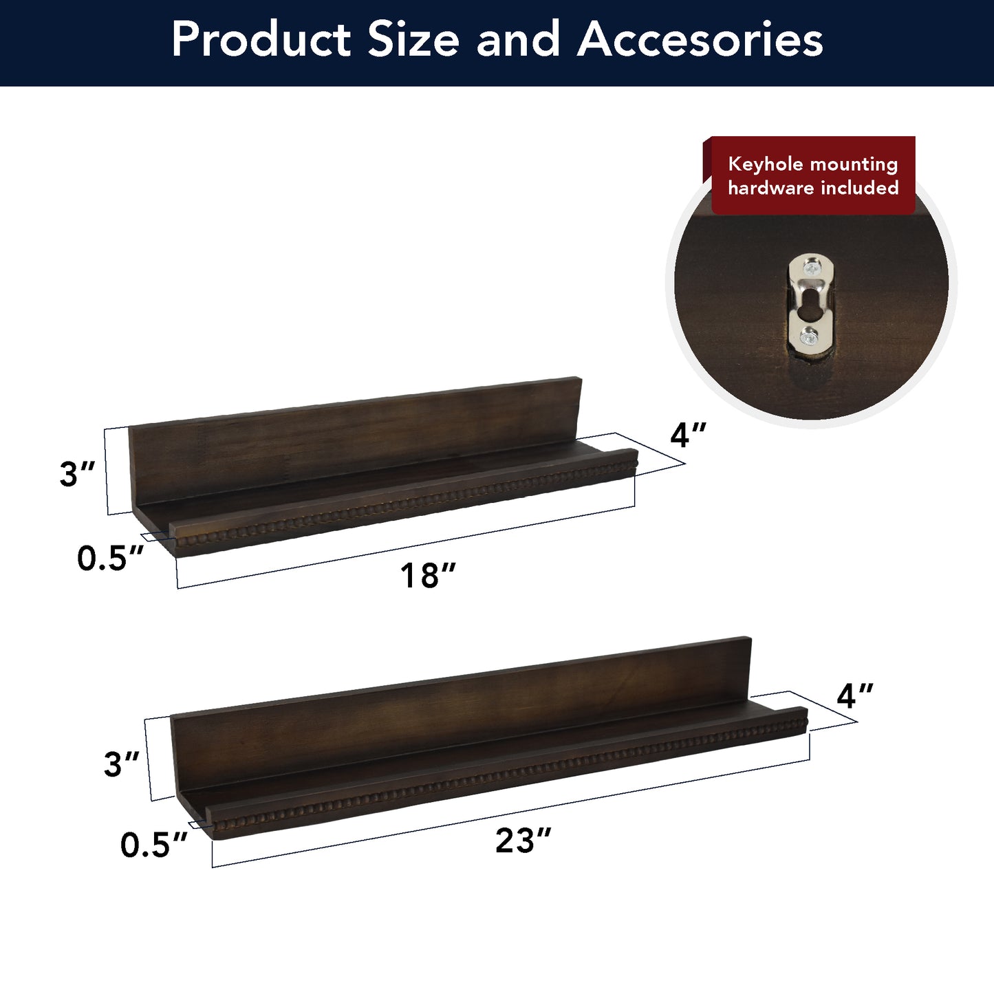 Beaded Ledge 2-Piece Floating Wall Shelf Set, Kona Dark Brown Shabby Chic