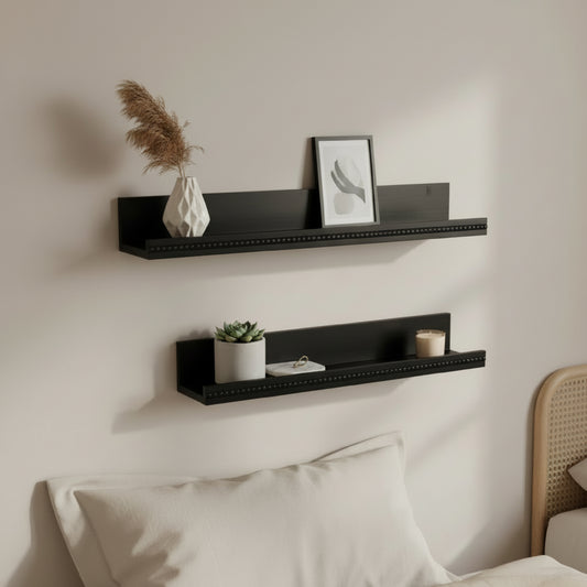 Beaded Ledge 2-Piece Floating Wall Shelf Set, Black Shabby Chic