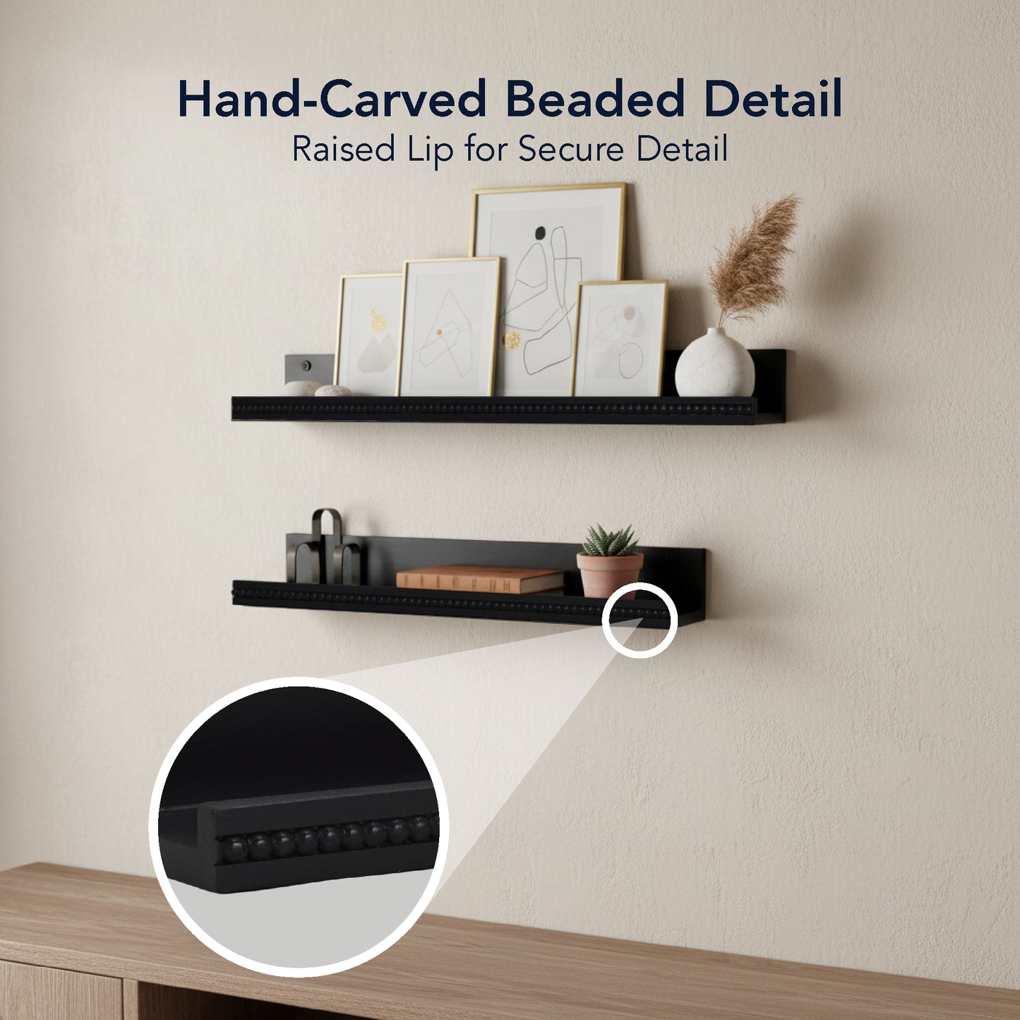 Beaded Ledge 2-Piece Floating Wall Shelf Set, Black Shabby Chic