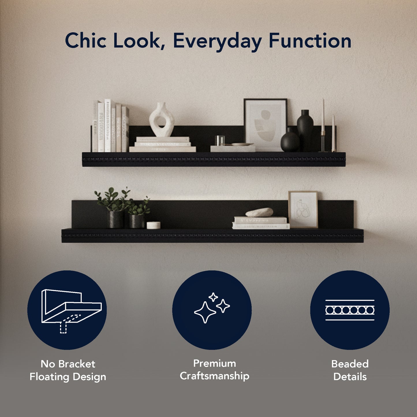 Beaded Ledge 2-Piece Floating Wall Shelf Set, Black Shabby Chic