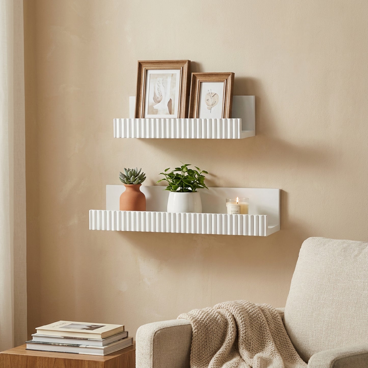 Ribbed 2-Piece Floating Wall Shelf Set, White Shabby Chic