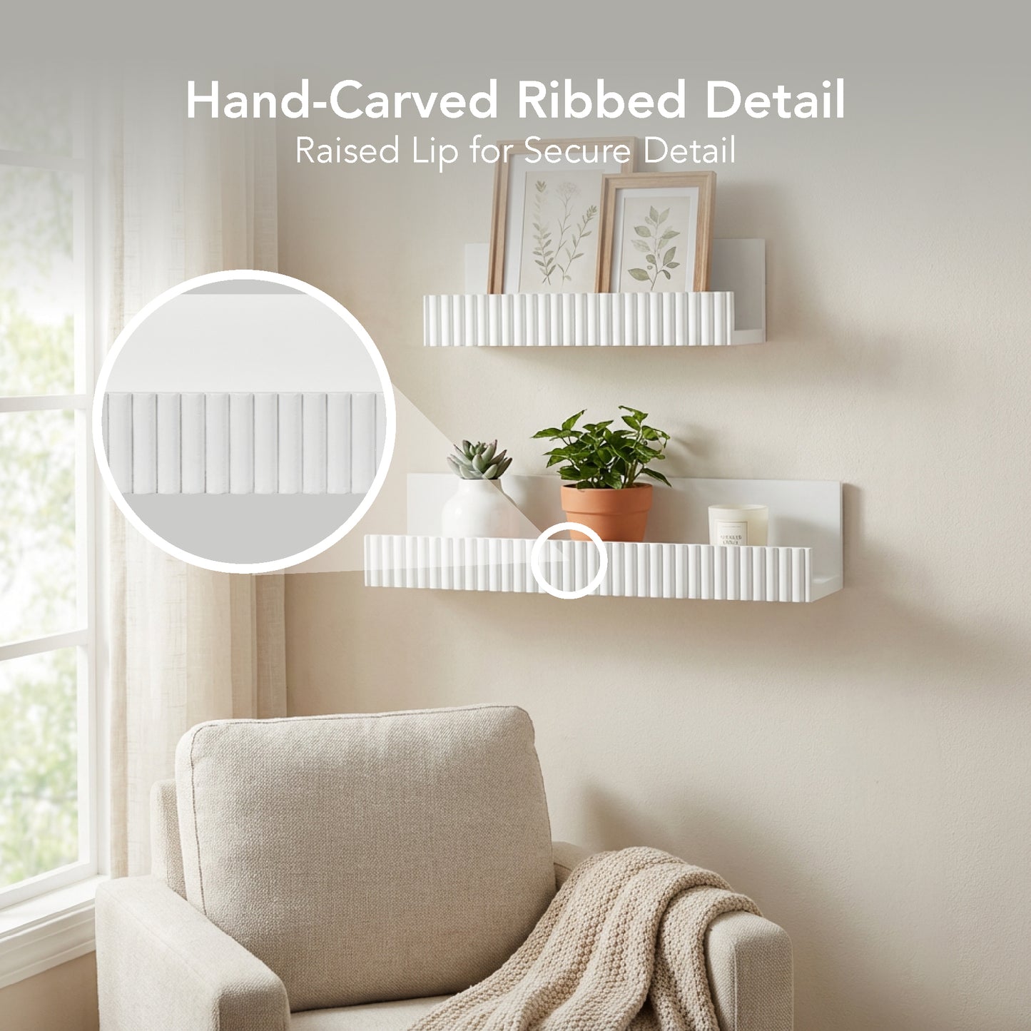 Ribbed 2-Piece Floating Wall Shelf Set, White Shabby Chic