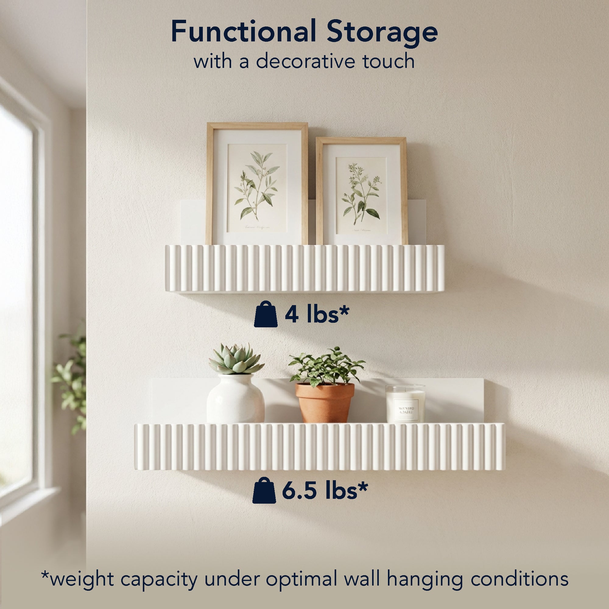 Ribbed 2-Piece Floating Wall Shelf Set, White Shabby Chic