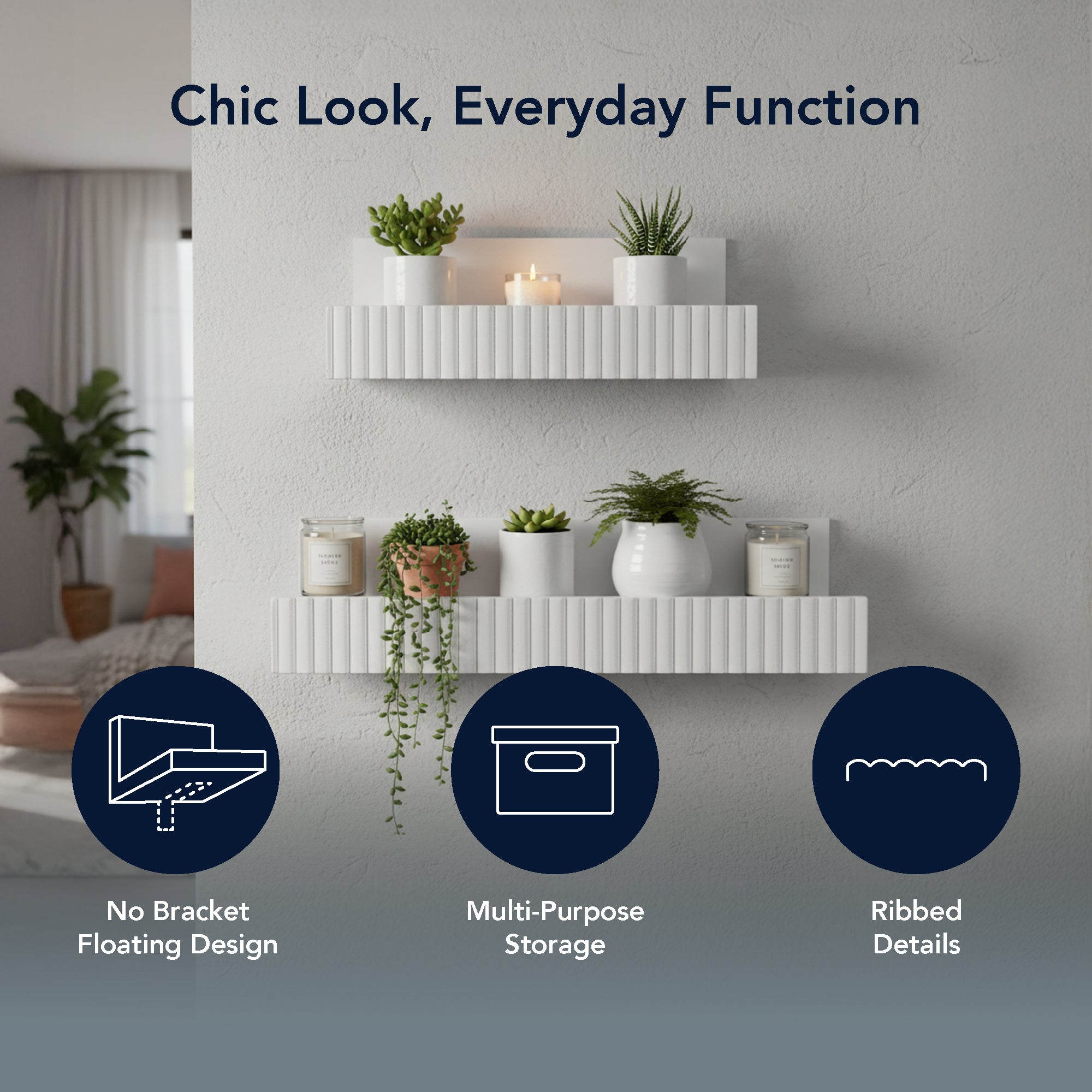 Ribbed 2-Piece Floating Wall Shelf Set, White Shabby Chic