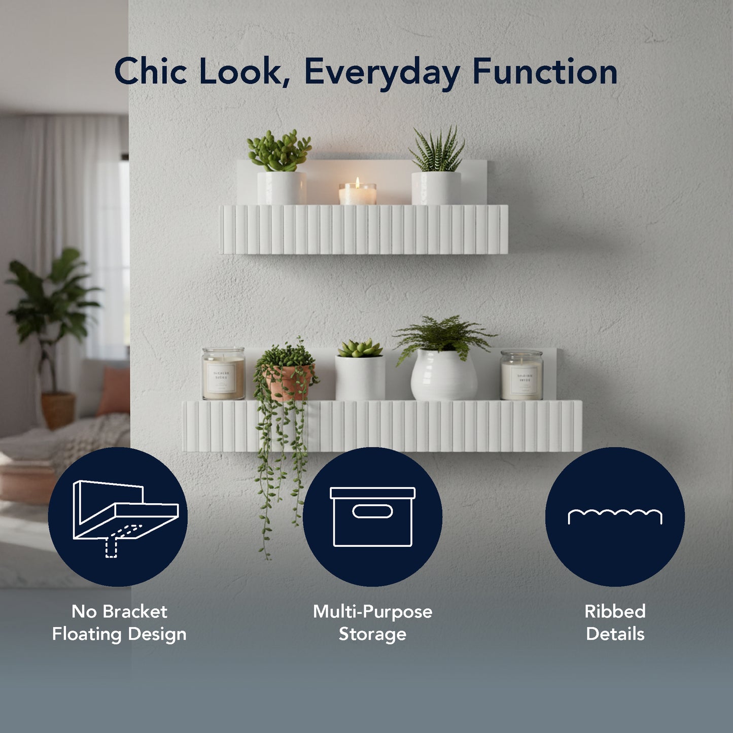 Ribbed 2-Piece Floating Wall Shelf Set, White Shabby Chic