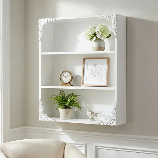 Ornate Floral 3-Tier Decorative Vintage Wall Mounted Shelf - White