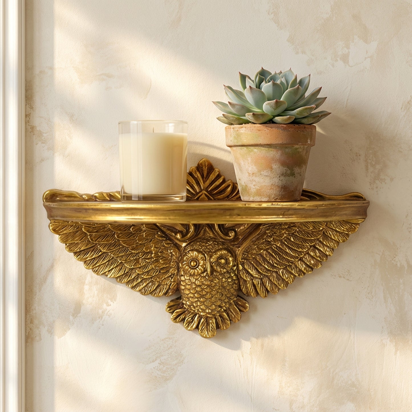 Vintage Ornate Resin Owl Floating Wall Mounted Shelf - Antique Gold