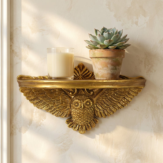 Vintage Ornate Resin Owl Floating Wall Mounted Shelf - Antique Gold