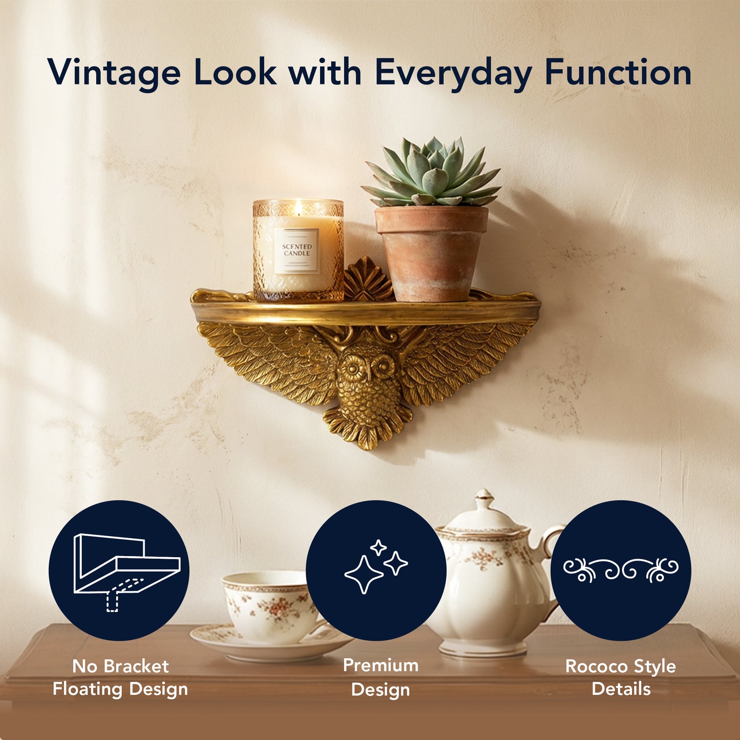 Vintage Ornate Resin Owl Floating Wall Mounted Shelf - Antique Gold