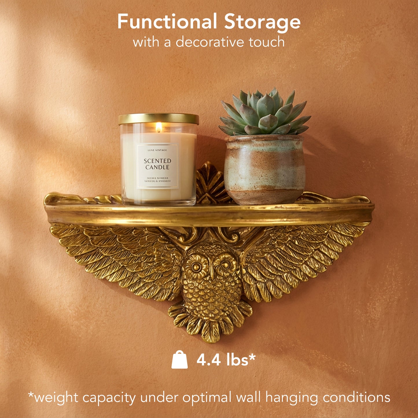 Vintage Ornate Resin Owl Floating Wall Mounted Shelf - Antique Gold