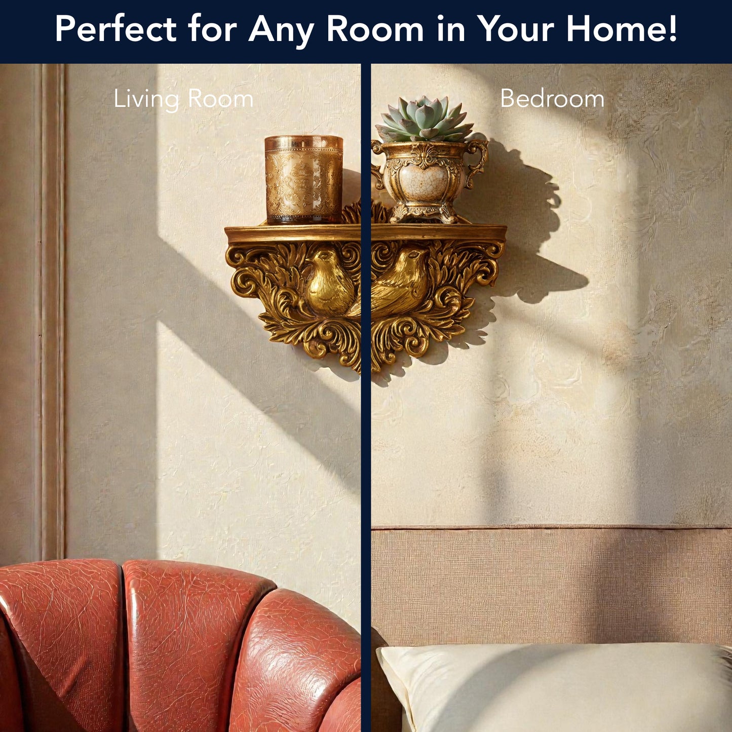 Vintage Ornate Resin Owl Floating Wall Mounted Shelf - Antique Gold