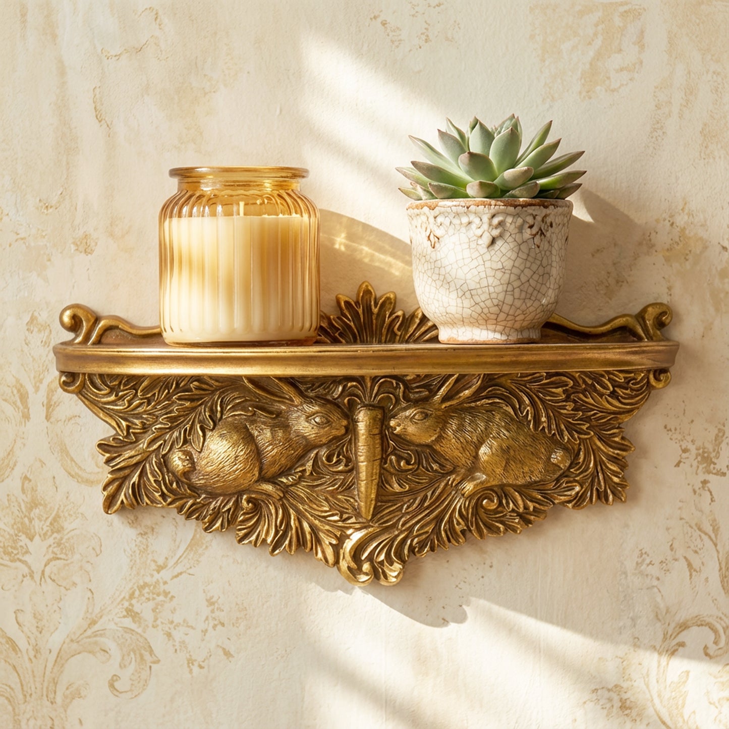 Vintage Ornate Resin Rabbits Floating Wall Mounted Shelf - Antique Gold