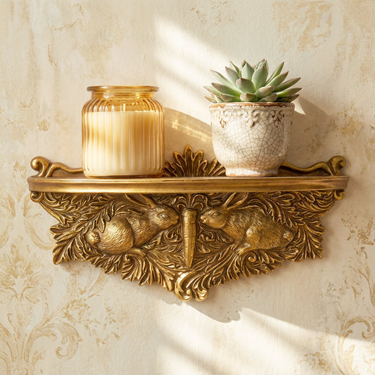 Vintage Ornate Resin Rabbits Floating Wall Mounted Shelf - Antique Gold
