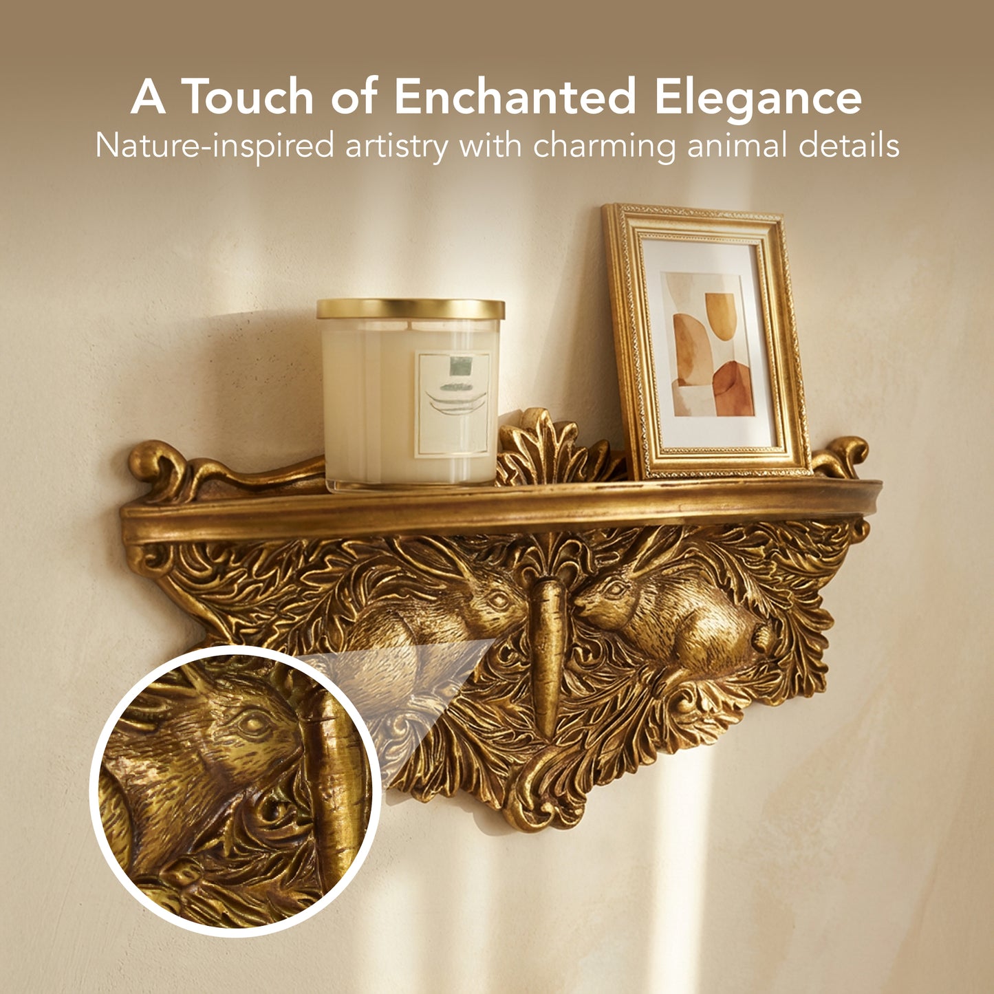 Vintage Ornate Resin Rabbits Floating Wall Mounted Shelf - Antique Gold