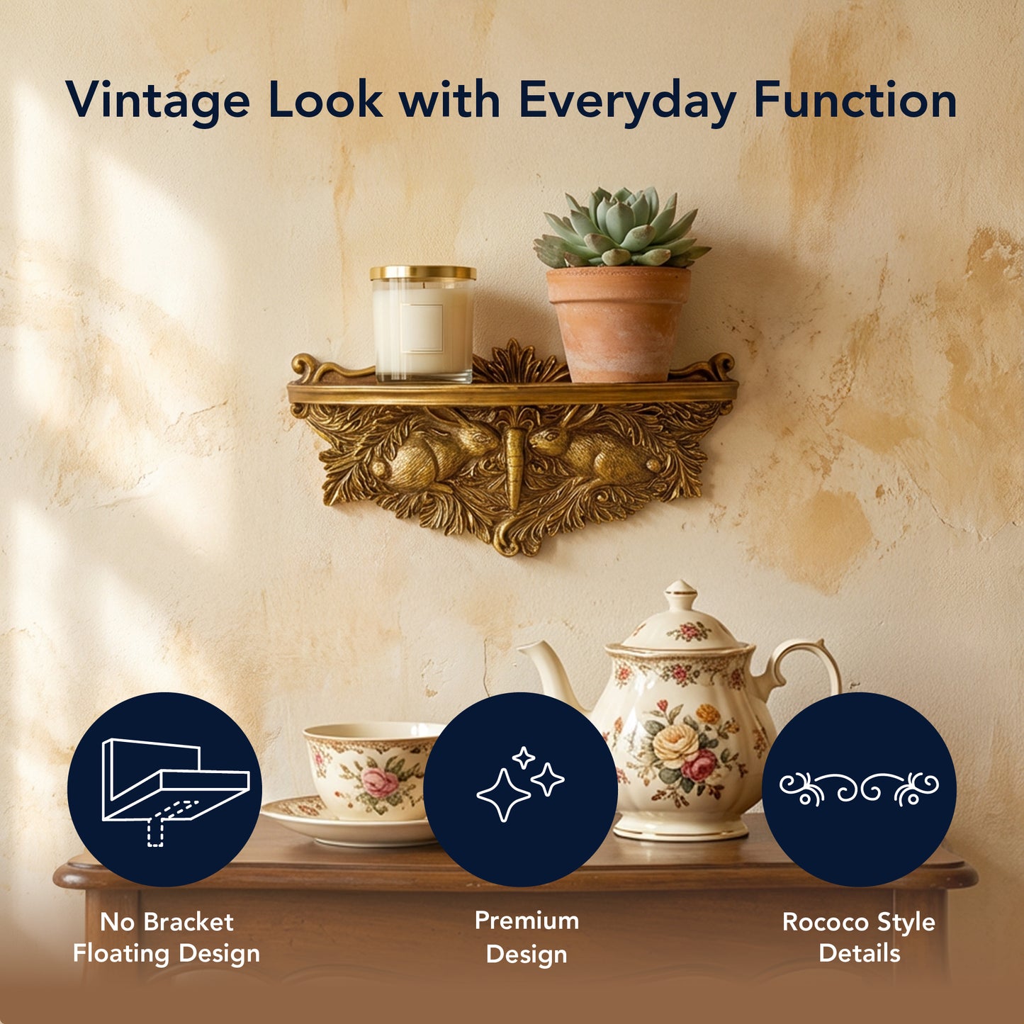 Vintage Ornate Resin Rabbits Floating Wall Mounted Shelf - Antique Gold