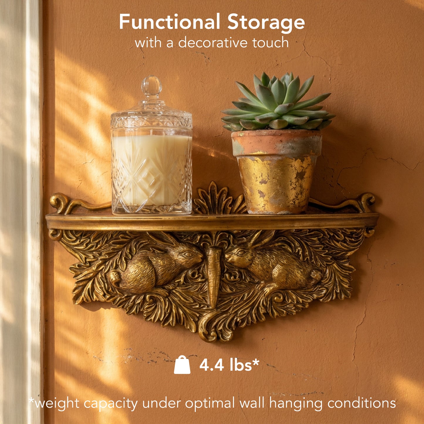 Vintage Ornate Resin Rabbits Floating Wall Mounted Shelf - Antique Gold