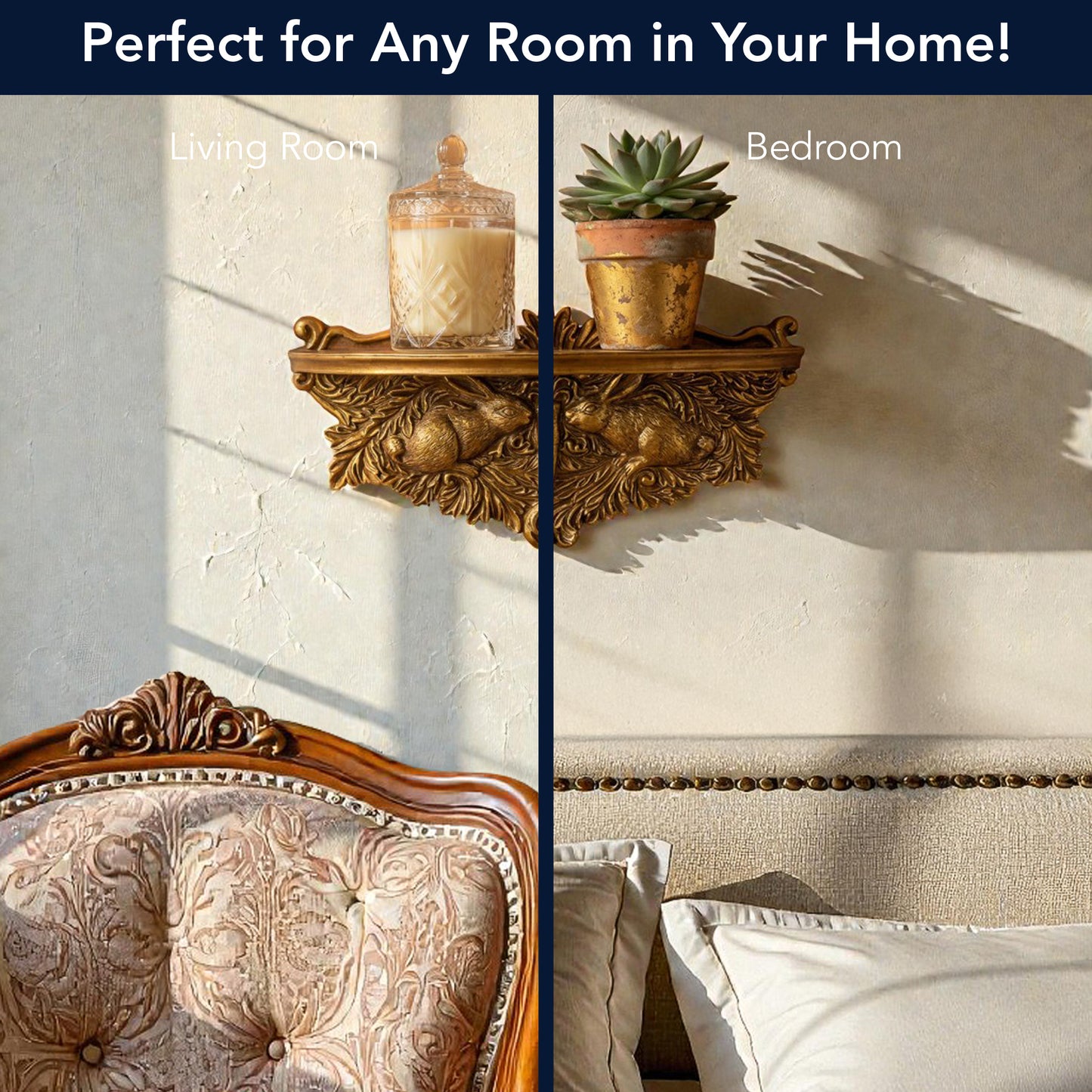 Vintage Ornate Resin Rabbits Floating Wall Mounted Shelf - Antique Gold