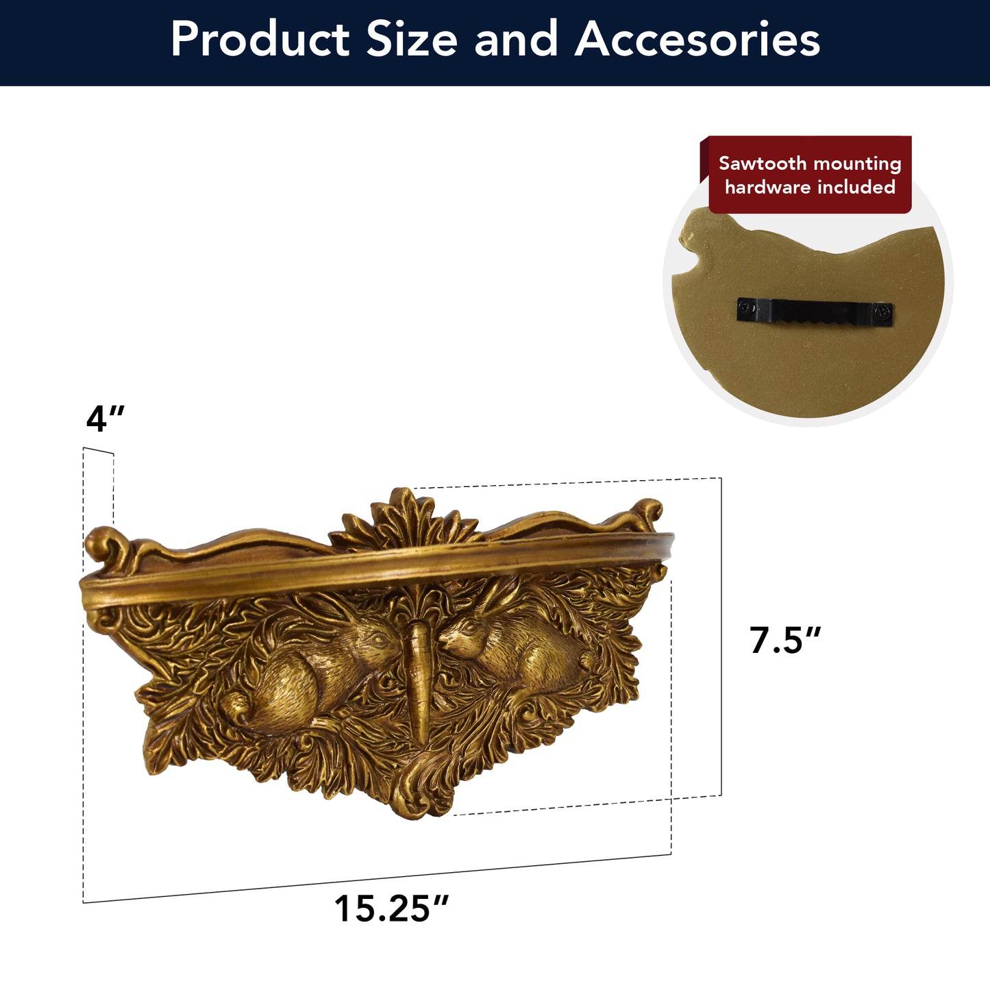 Vintage Ornate Resin Rabbits Floating Wall Mounted Shelf - Antique Gold