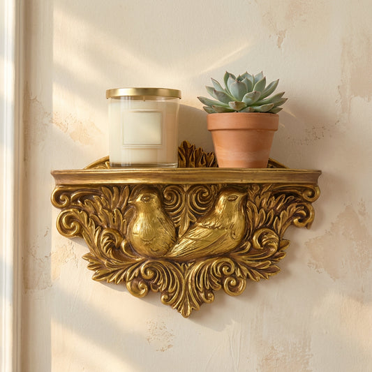 Vintage Ornate Resin Birds Baroque Floating Wall Shelf - Antique Gold