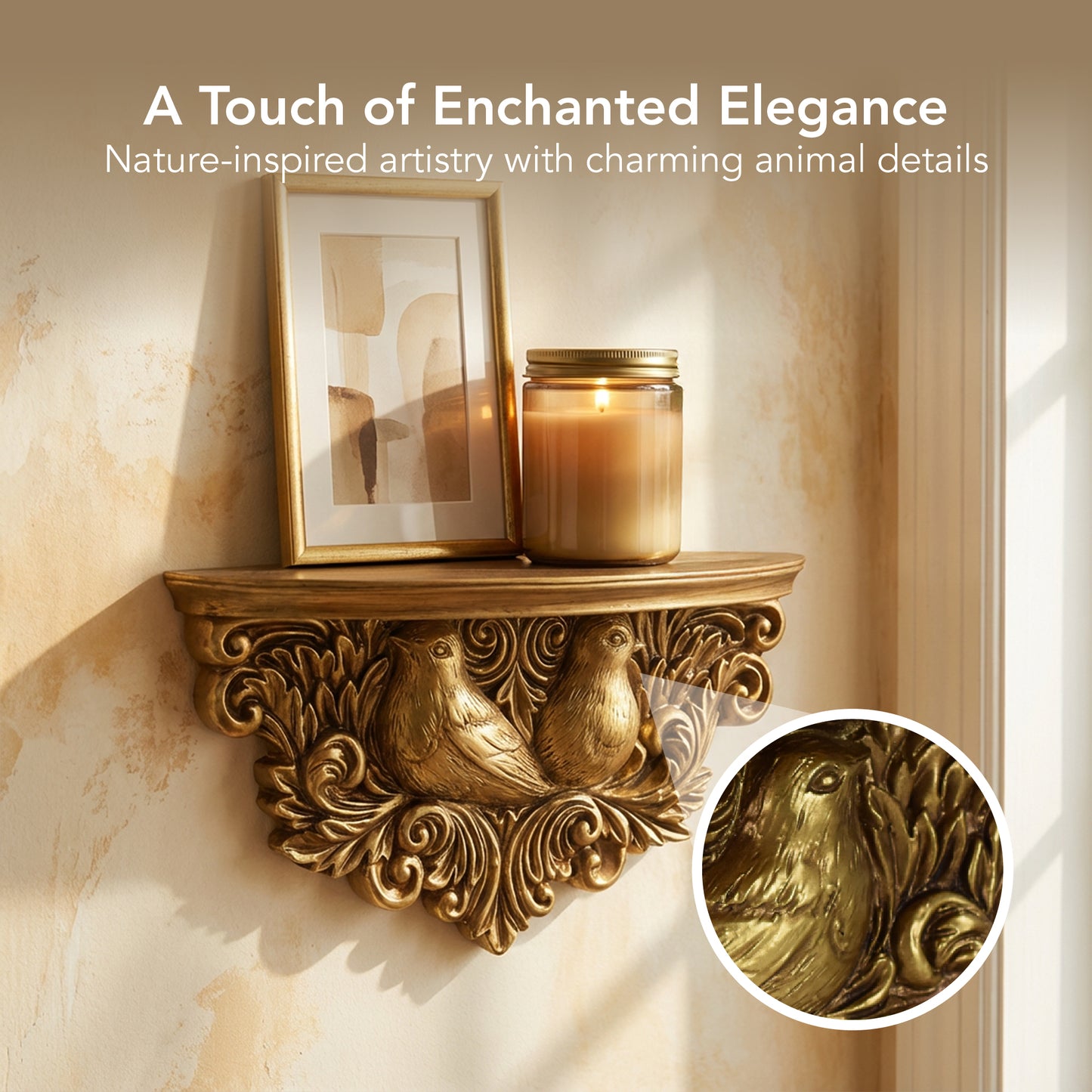 Vintage Ornate Resin Birds Baroque Floating Wall Shelf - Antique Gold