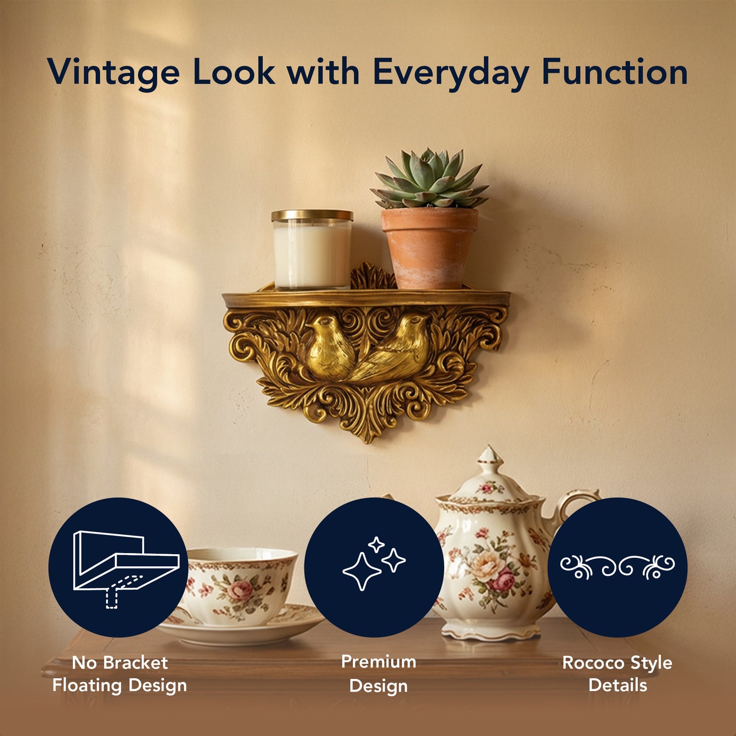 Vintage Ornate Resin Birds Baroque Floating Wall Shelf - Antique Gold