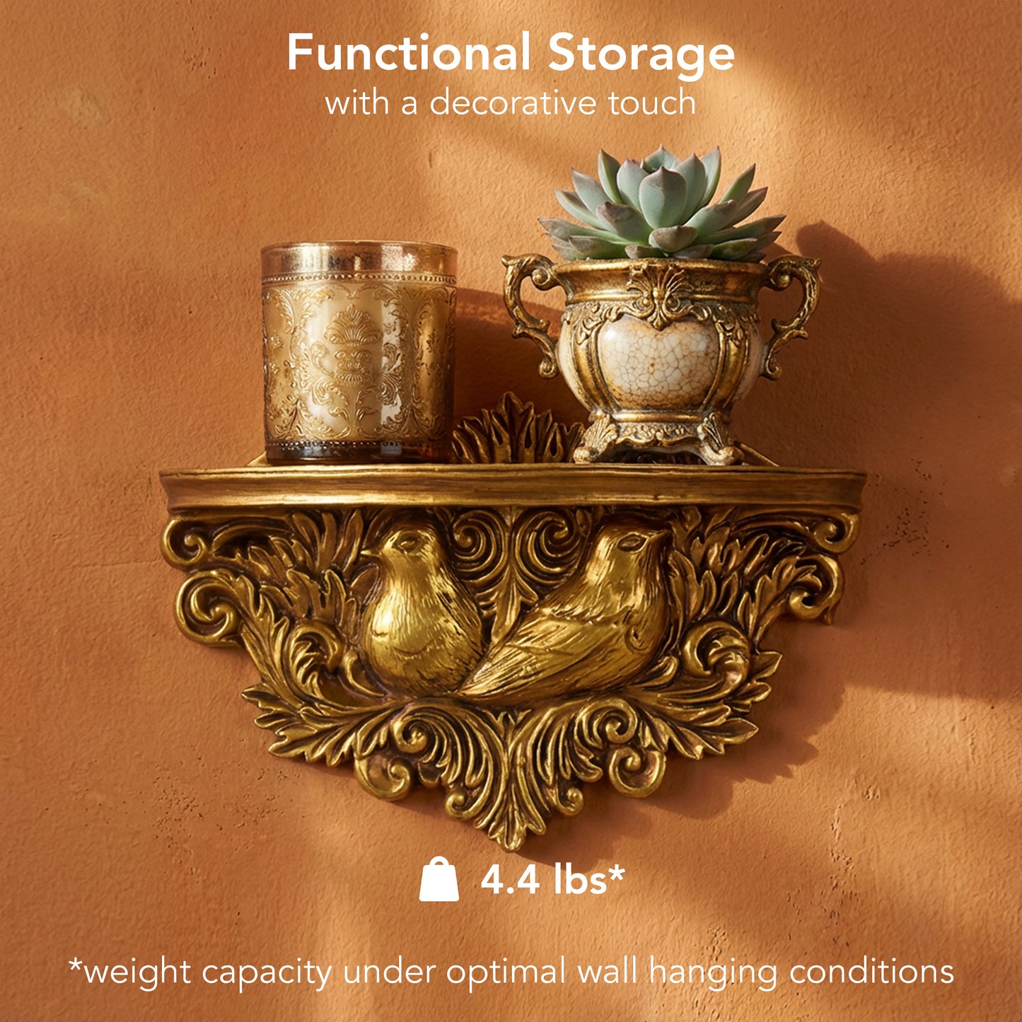 Vintage Ornate Resin Birds Baroque Floating Wall Shelf - Antique Gold