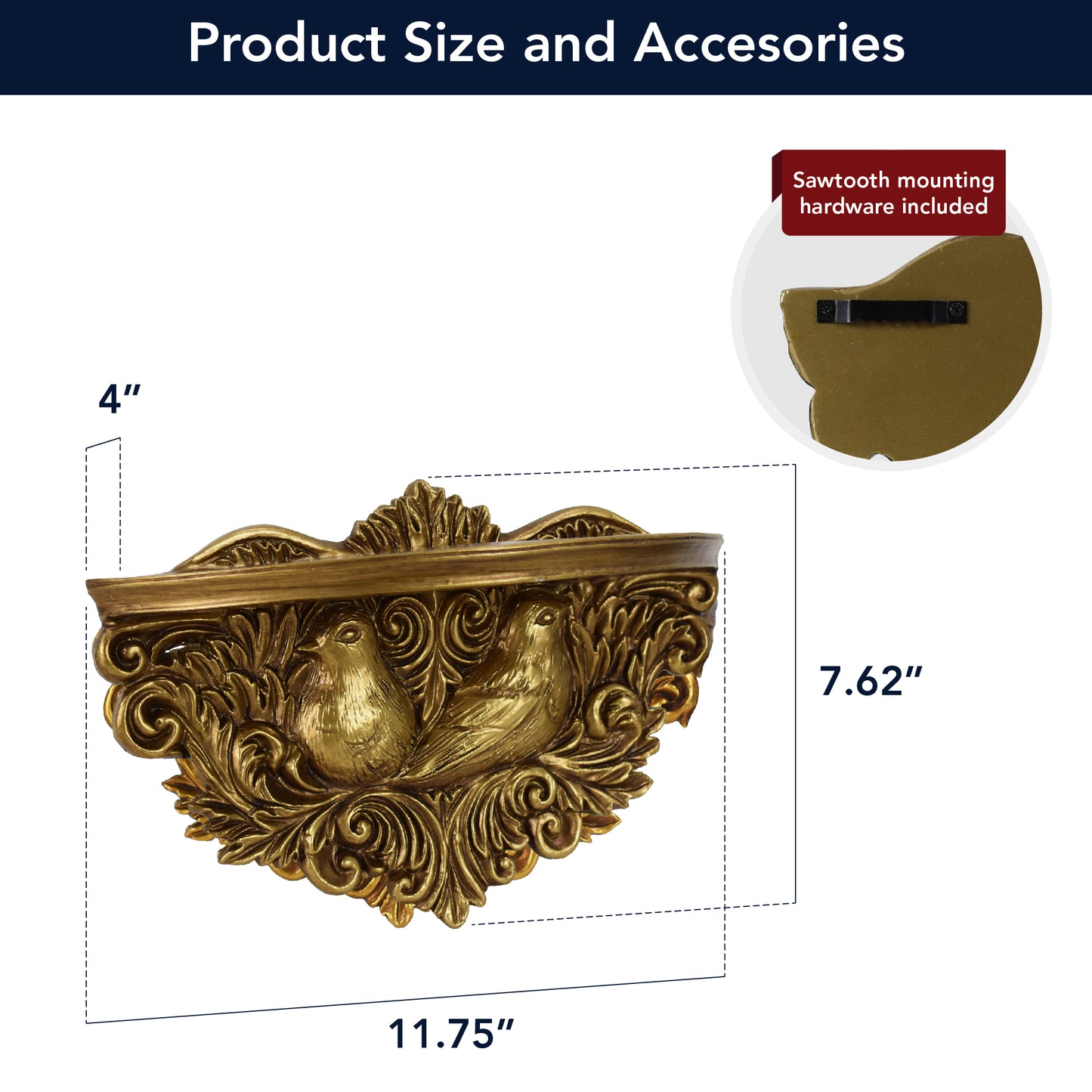 Vintage Ornate Resin Birds Baroque Floating Wall Shelf - Antique Gold