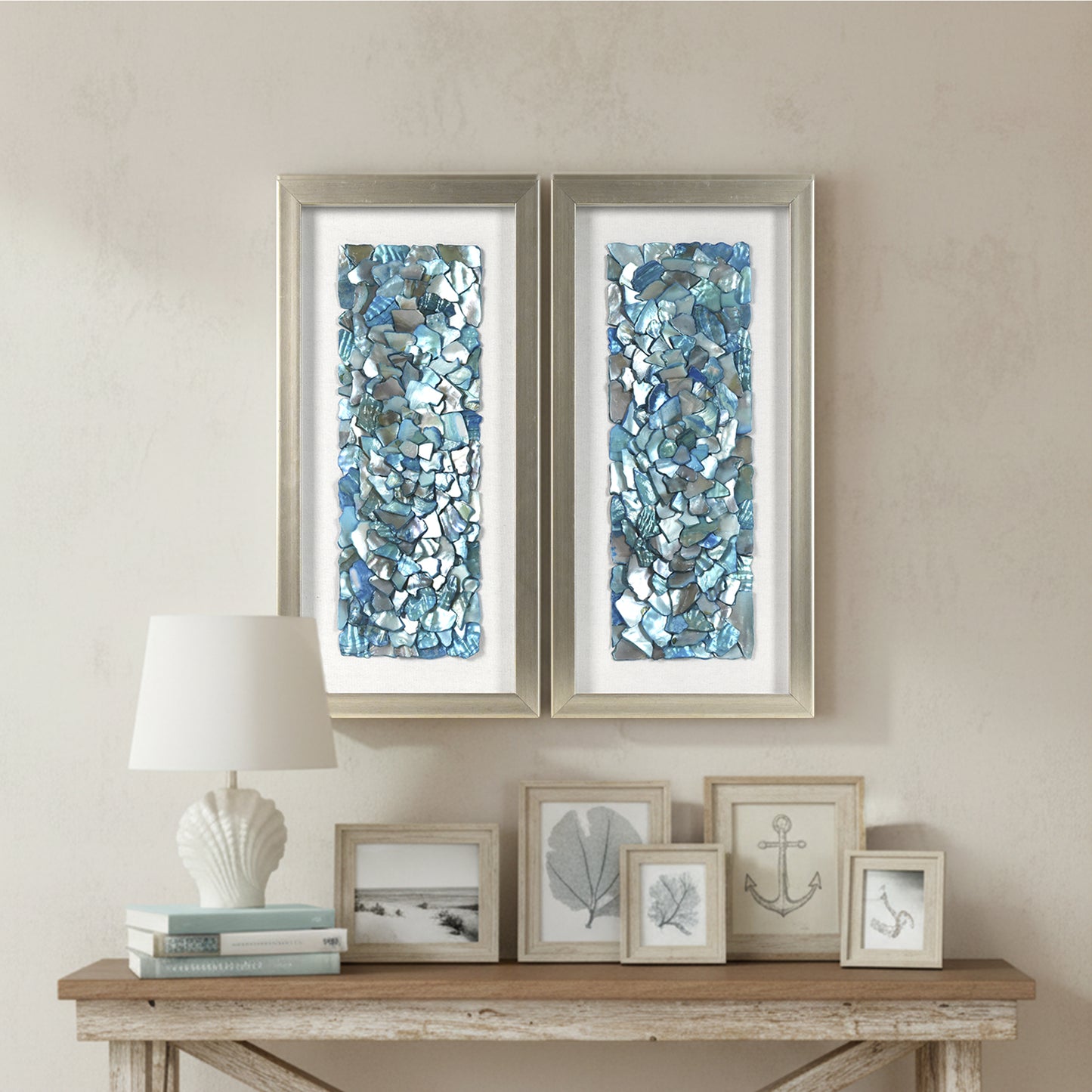 2-pc Sea Glass Shell Wall Art Set - Coastal Aqua & Teal Shadowbox Decor