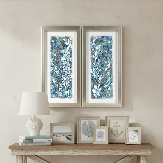 2-pc Sea Glass Shell Wall Art Set - Coastal Aqua & Teal Shadowbox Decor