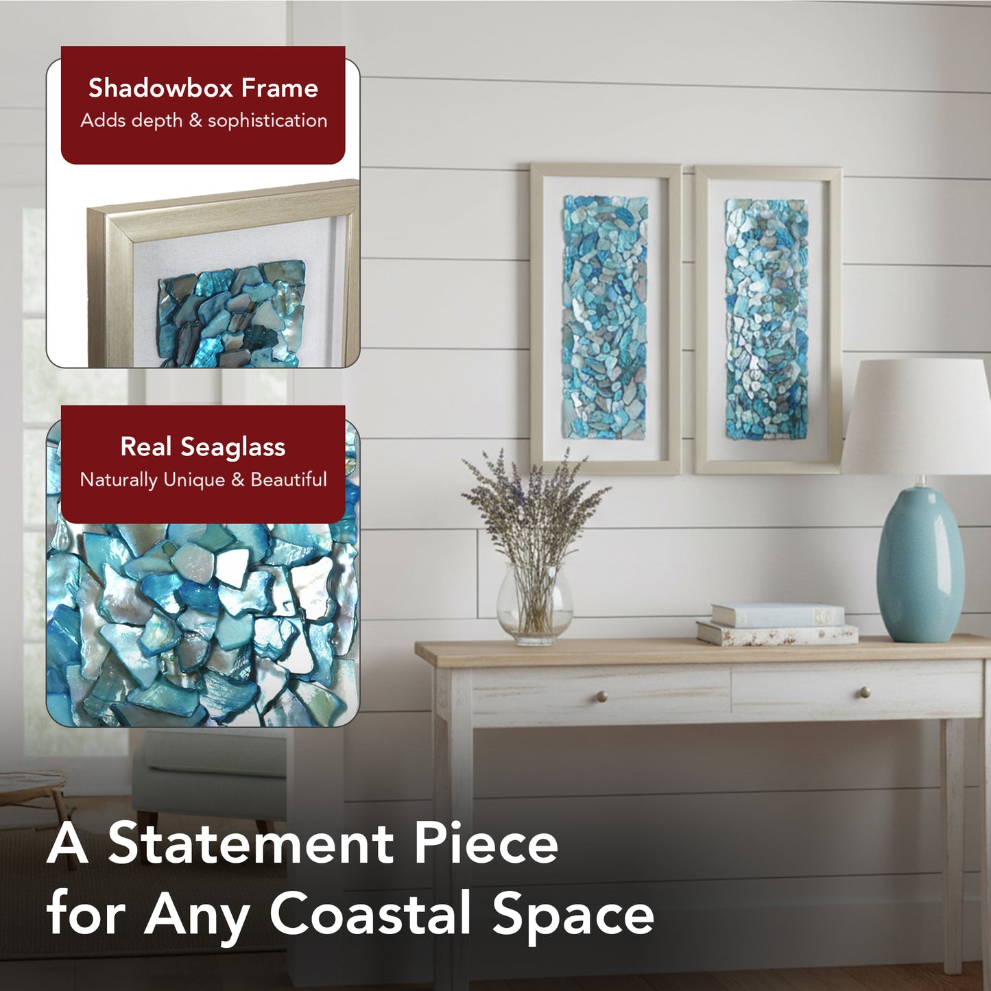 2-pc Sea Glass Shell Wall Art Set - Coastal Aqua & Teal Shadowbox Decor