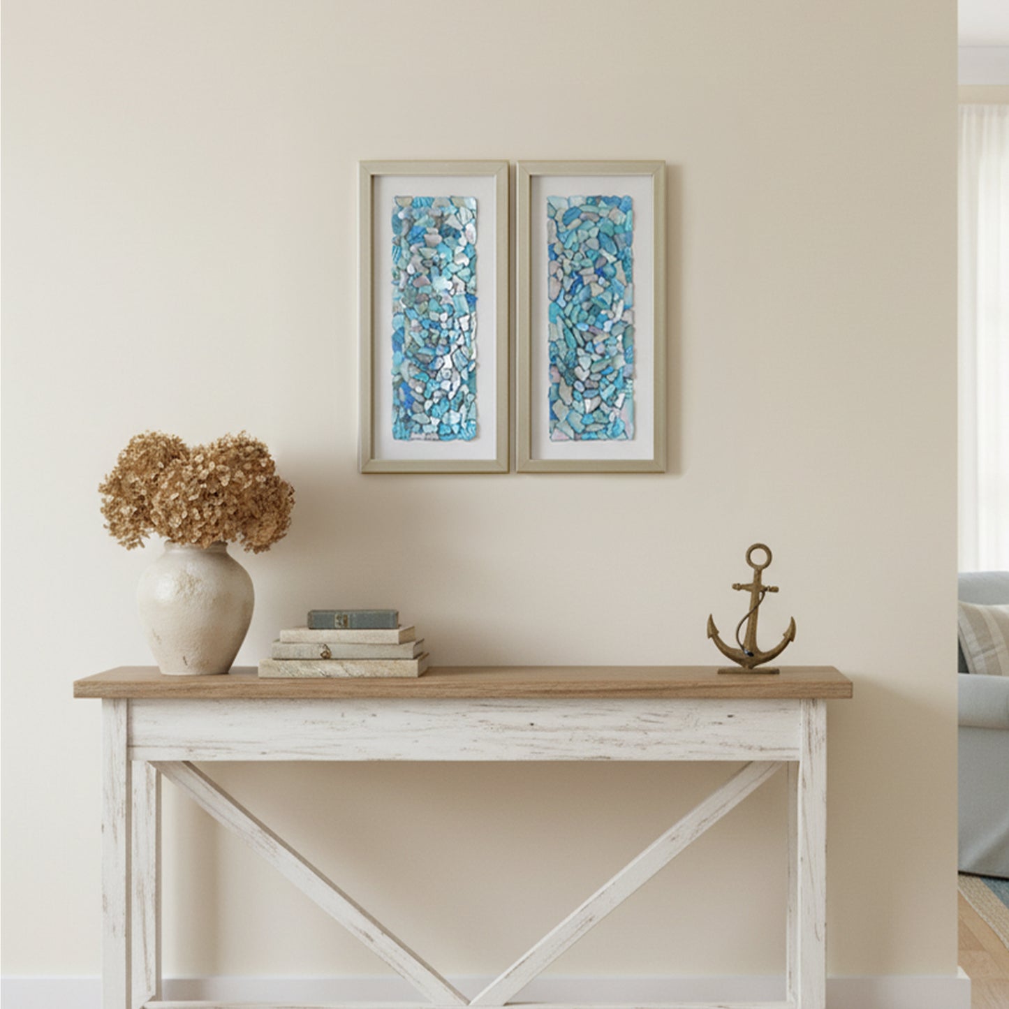 2-pc Sea Glass Shell Wall Art Set - Coastal Aqua & Teal Shadowbox Decor