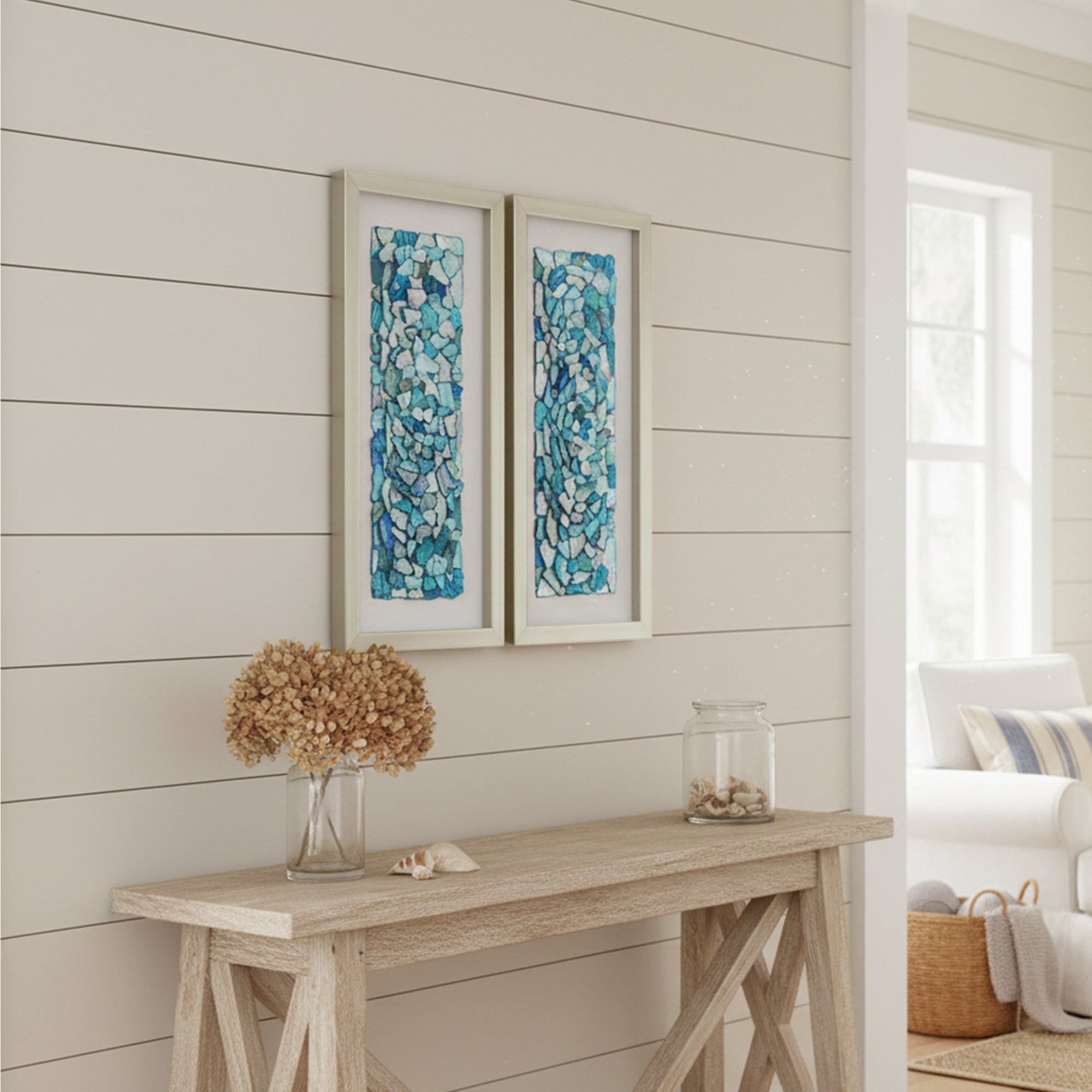 2-pc Sea Glass Shell Wall Art Set - Coastal Aqua & Teal Shadowbox Decor