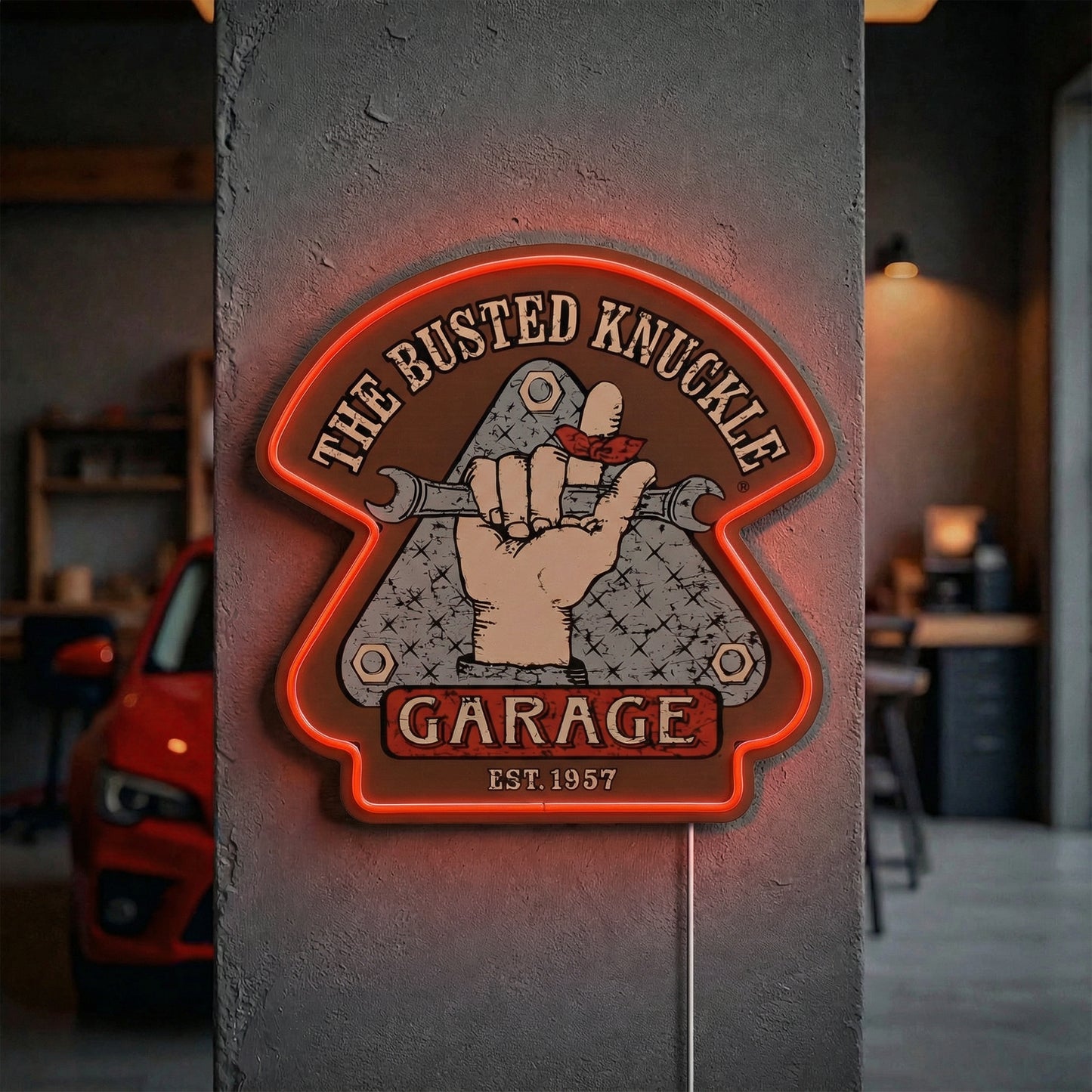 Busted Knuckle Garage LED Sign for Man Cave & Workshop