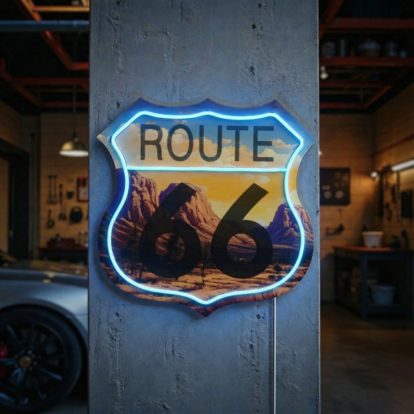 Route 66 LED Wall Sign for Garage & Man Cave
