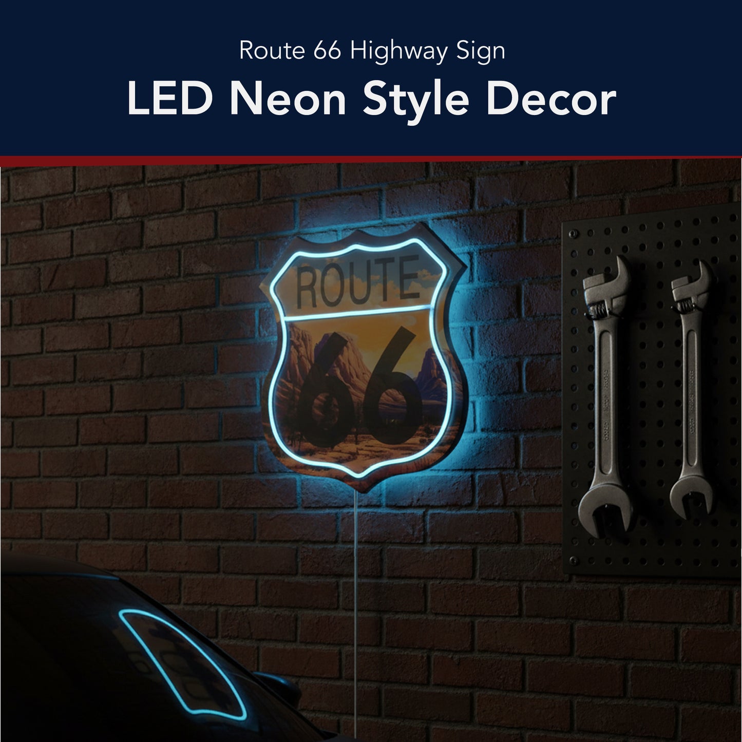 Route 66 LED Wall Sign for Garage & Man Cave