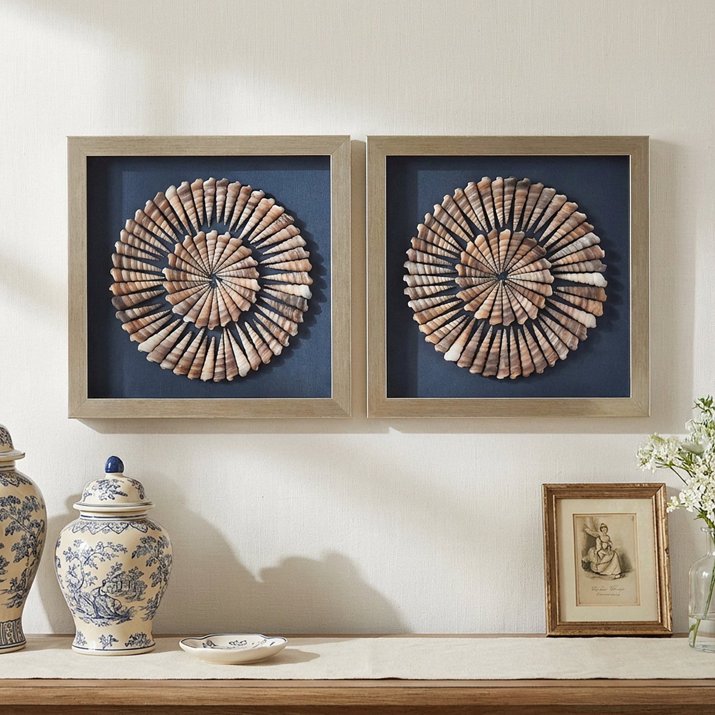 2-pc Seashell Shadowbox Framed Wall Art - Blue Linen Coastal Decor