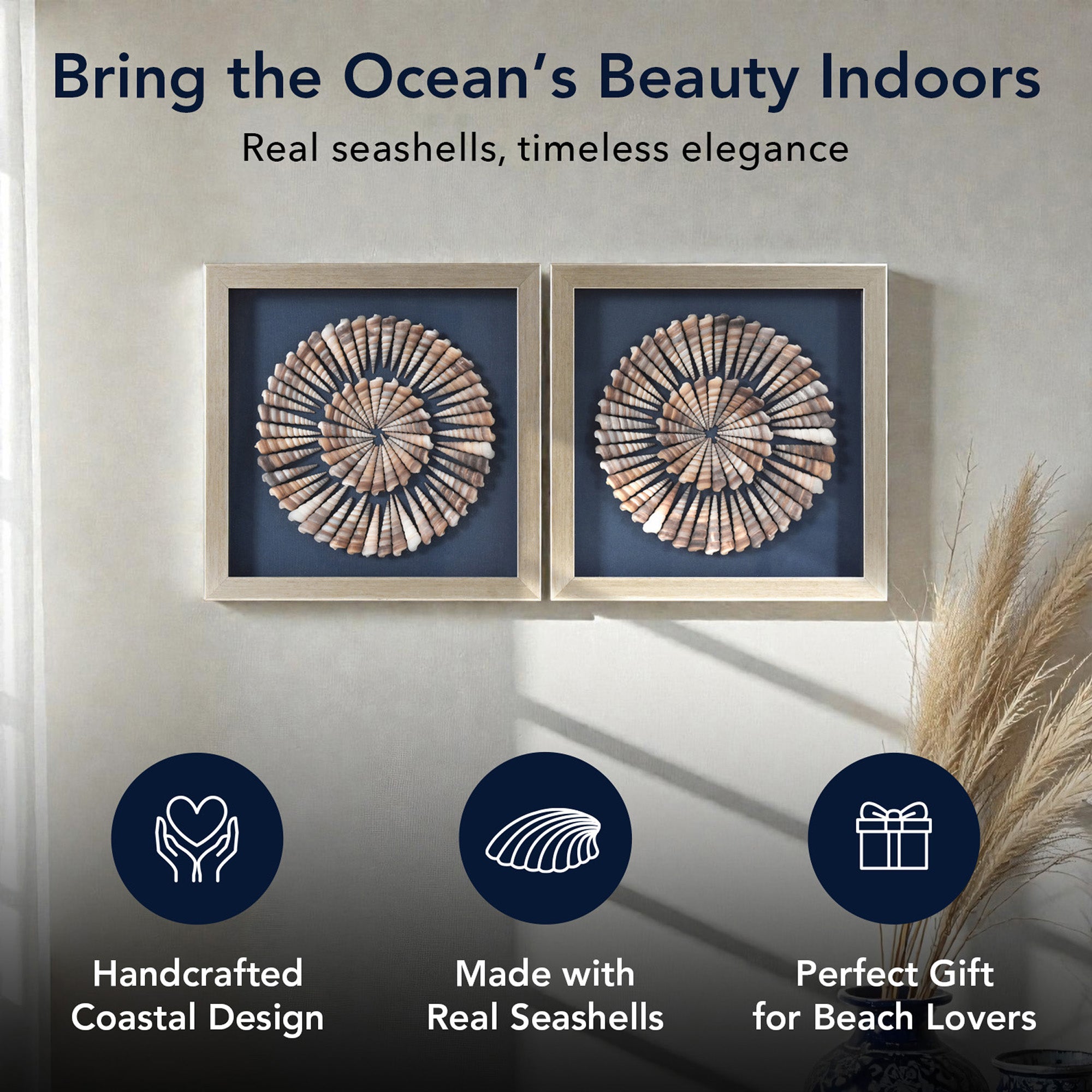 2-pc Seashell Shadowbox Framed Wall Art - Blue Linen Coastal Decor