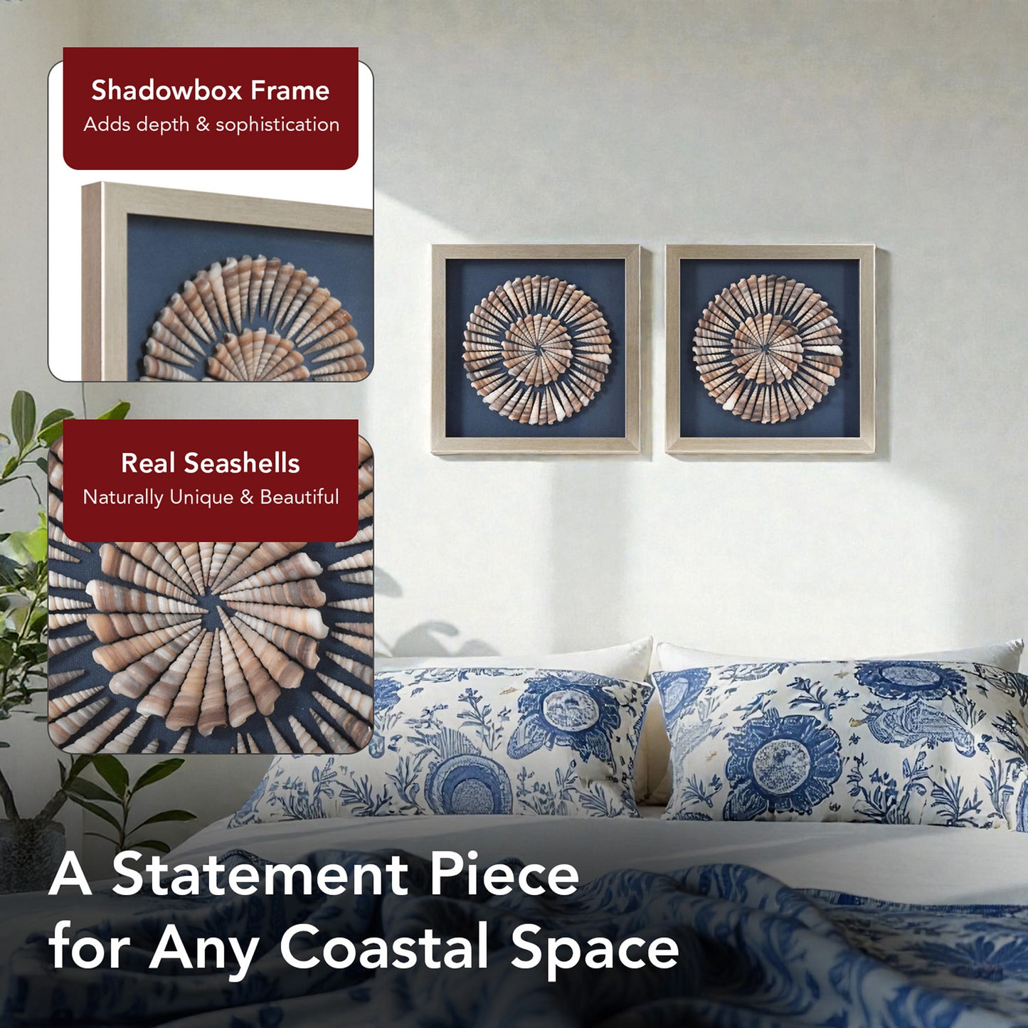2-pc Seashell Shadowbox Framed Wall Art - Blue Linen Coastal Decor