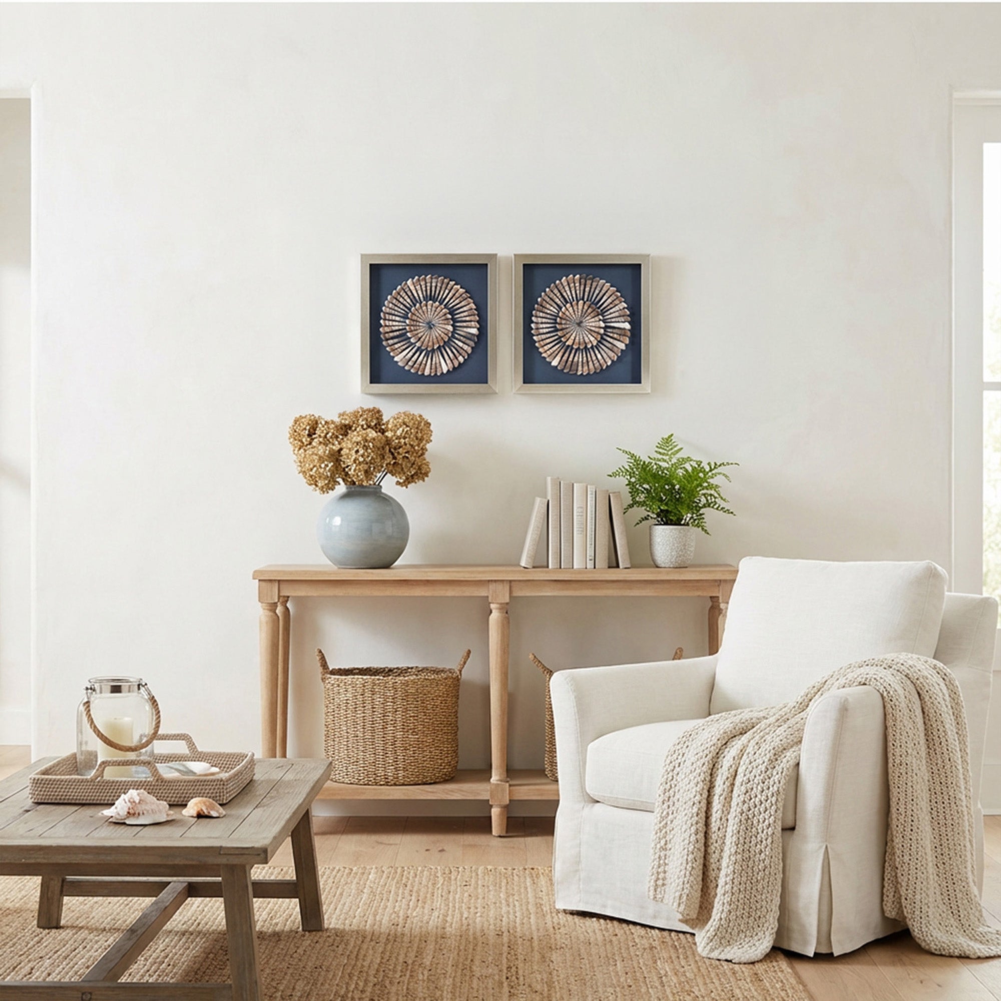 2-pc Seashell Shadowbox Framed Wall Art - Blue Linen Coastal Decor