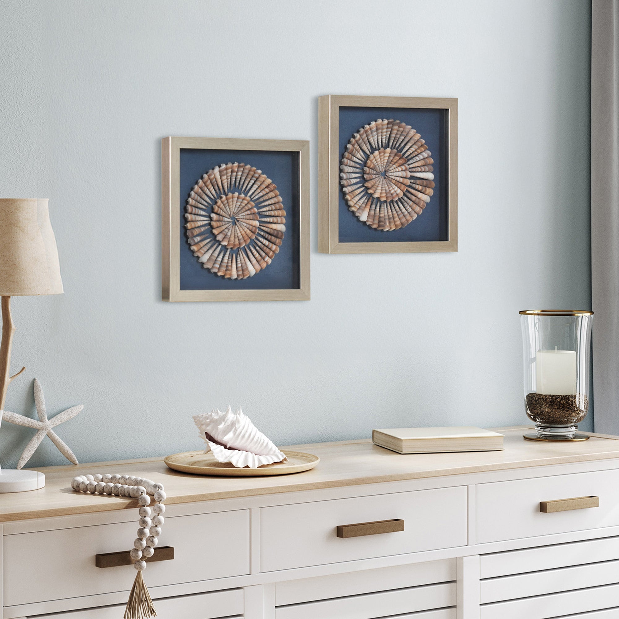 2-pc Seashell Shadowbox Framed Wall Art - Blue Linen Coastal Decor