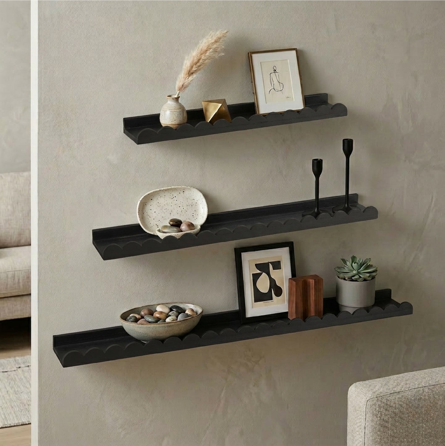 Black Scallop Wood Floating Wall Shelf Set of 3